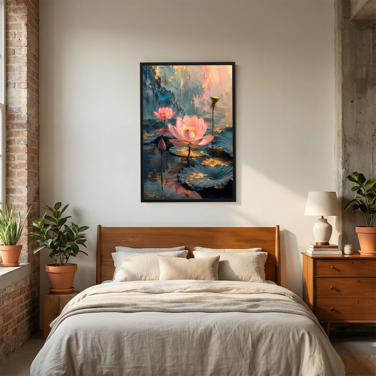 Hochformat-Poster im schwarzen Rahmen: rosa Lotusblüte vorn, abstraktes Wasser, goldener Pfahl