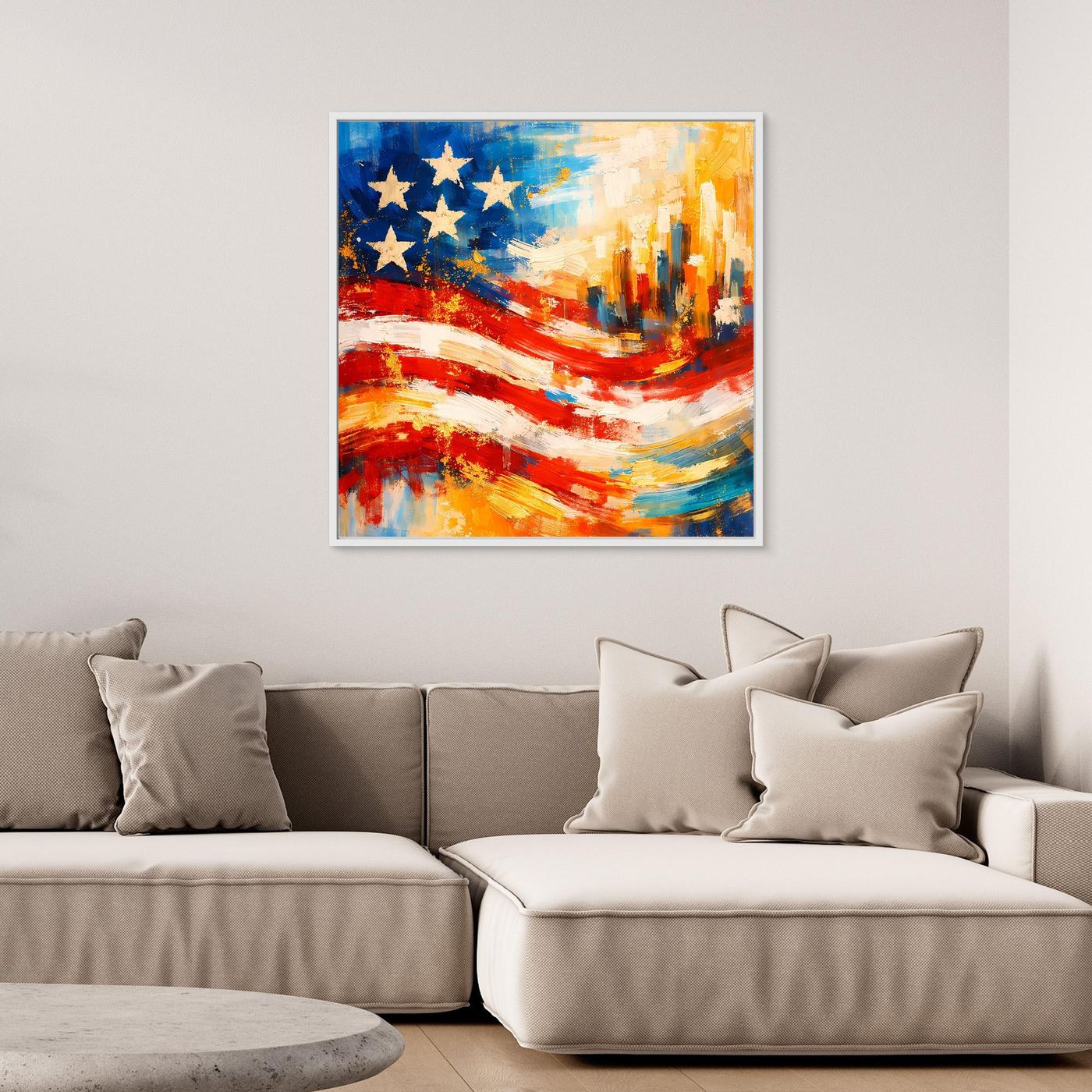 Gerahmtes Leinwandbild mit abstrakter US-Flagge, Sterne und Skyline in Rot-Blau-Gelb