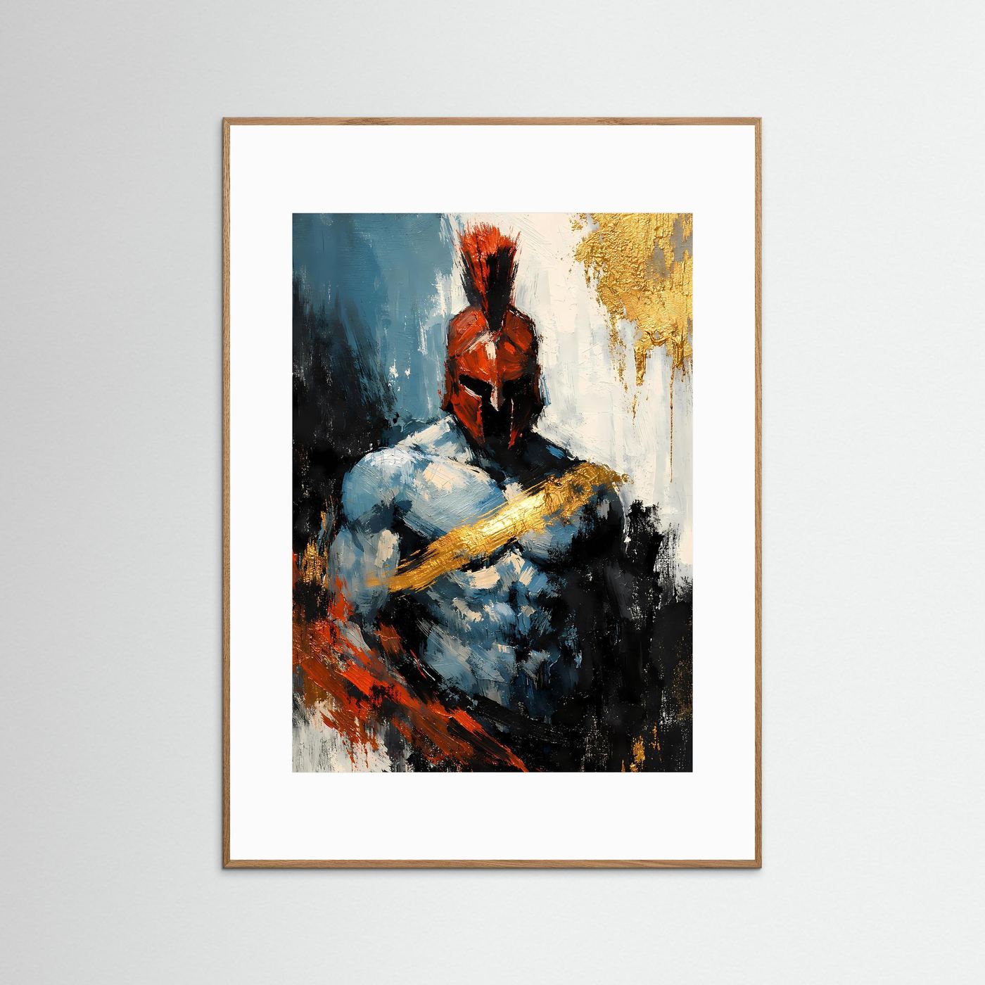 Kriegerposter im Hochformat mit abstraktem Gladiator, goldene Außenrahmung