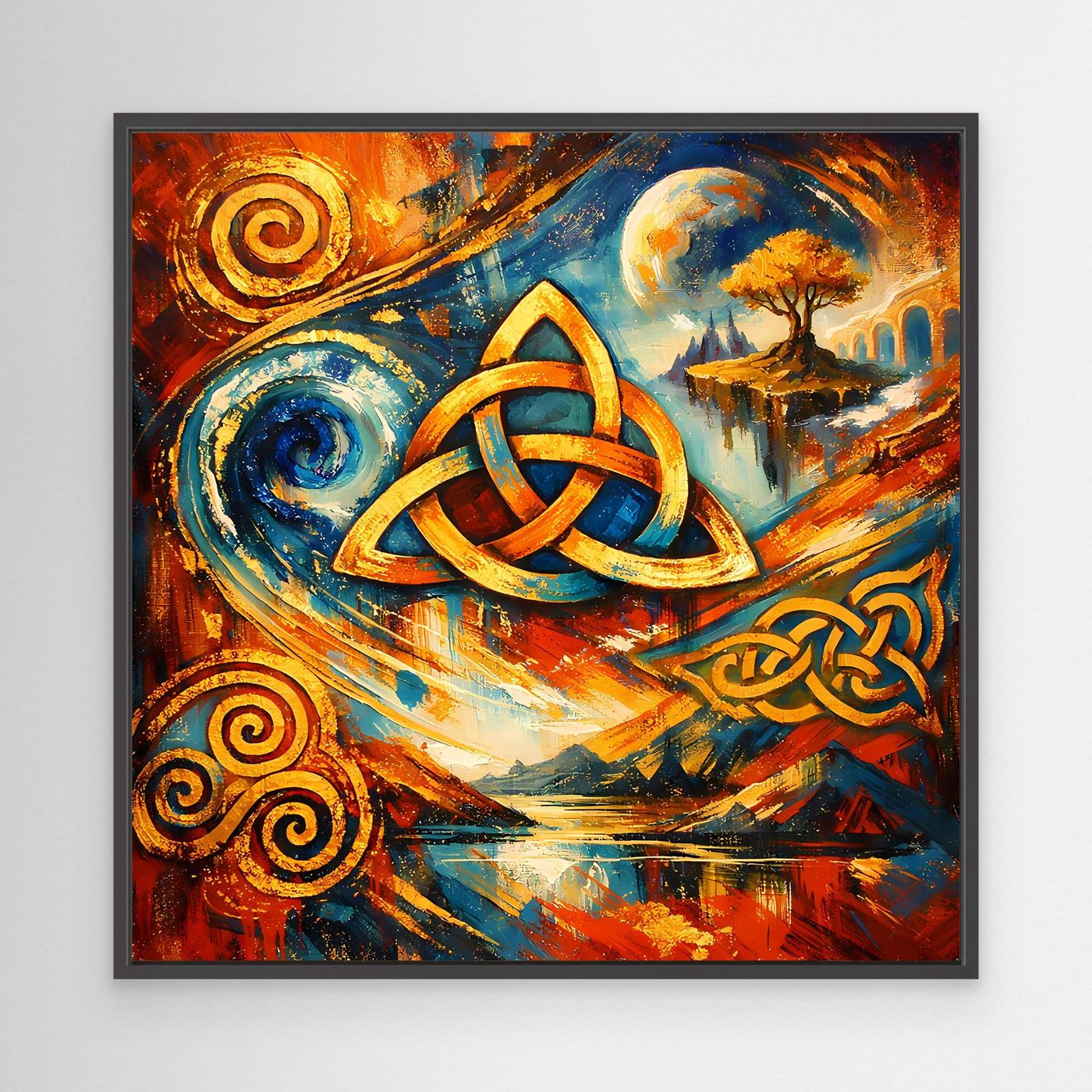 Leinwandbild mit keltischem Triqueta, abstraktes Motiv in Blau, Gold und Orange, schwarz gerahmt