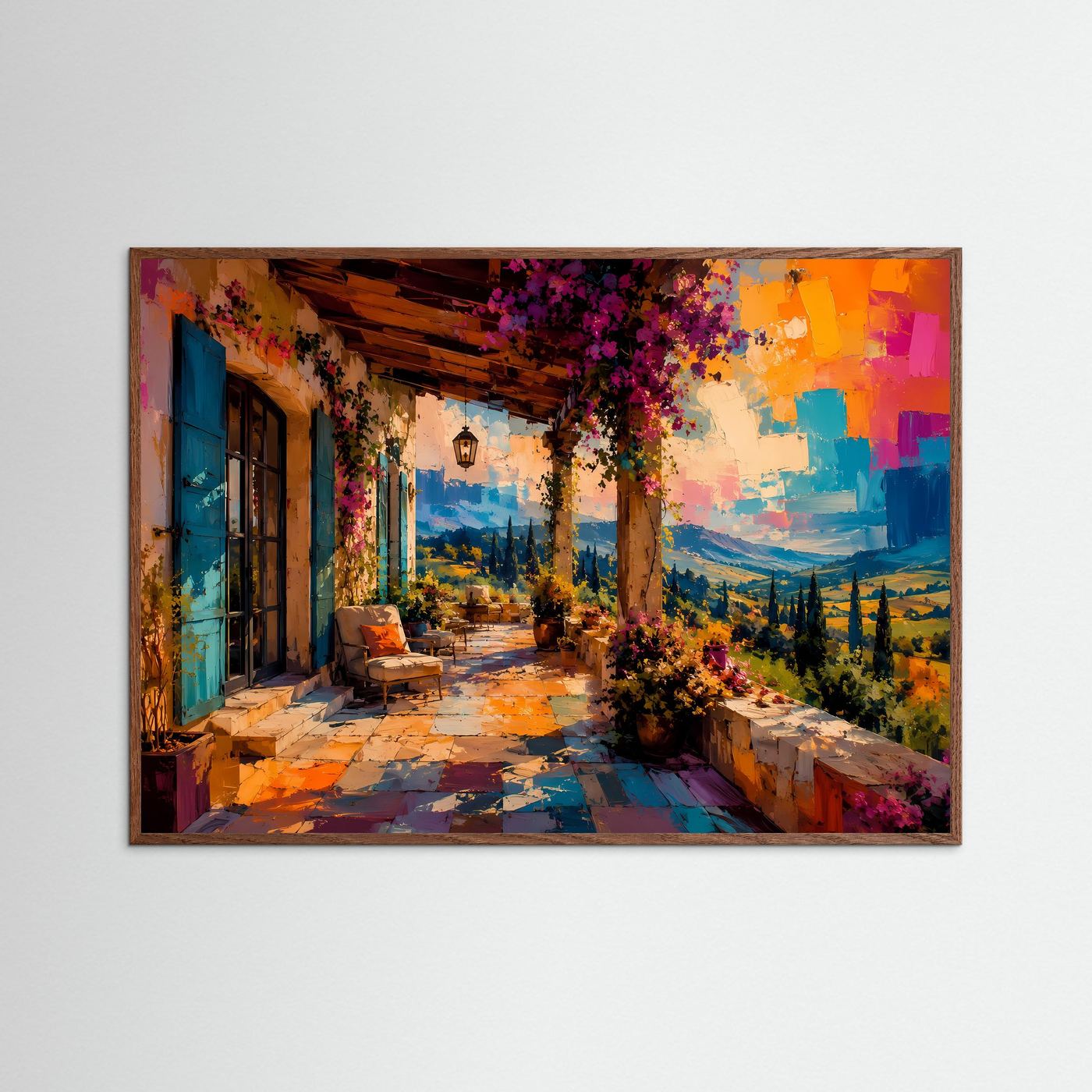 Landschafts-Poster im dunklen Eichenrahmen: mediterrane Terrasse mit blauem Fenster, Querformat