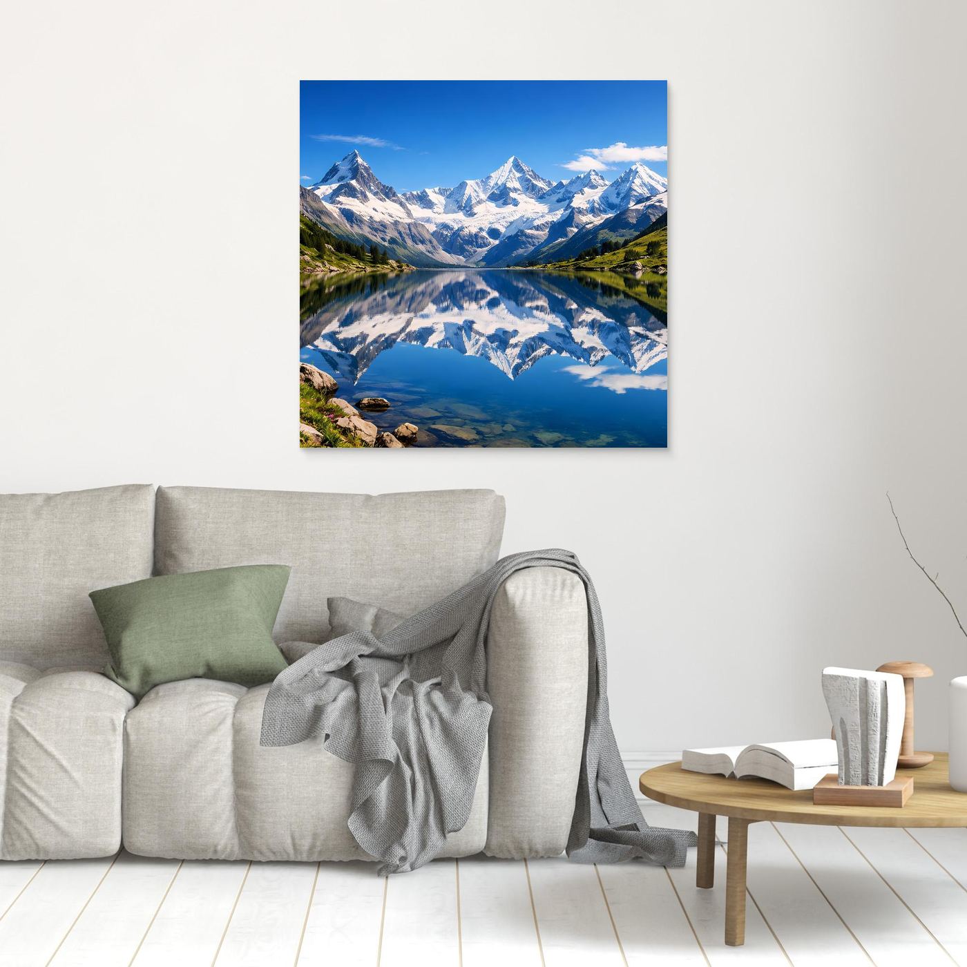 Leinwandbild Alpen-Bergsee mit Spiegelung und Bergpanorama, kleiner Print