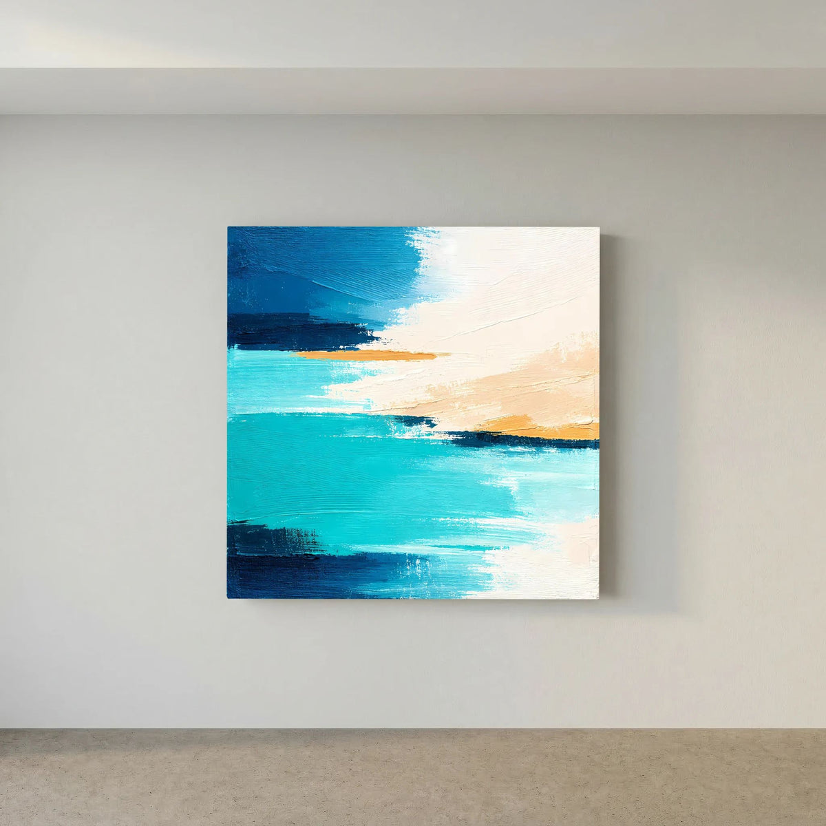 Quadratisches Acryl-Wandbild mit abstrakten Meereswellen in Türkis und Beige, weißer Rand