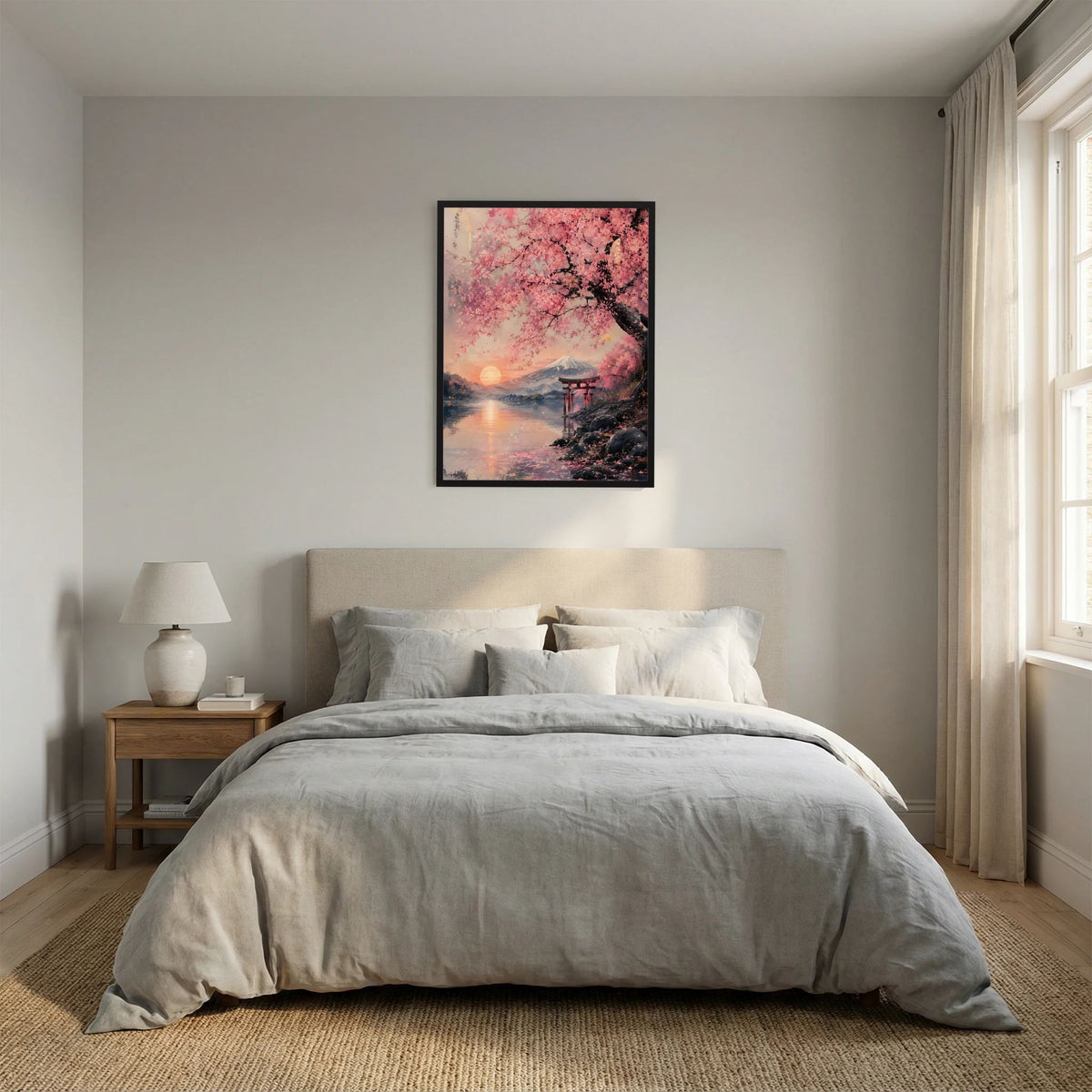 Gerahmtes Poster über dem Bett: Kirschblüten, Torii und Fuji am Wasser