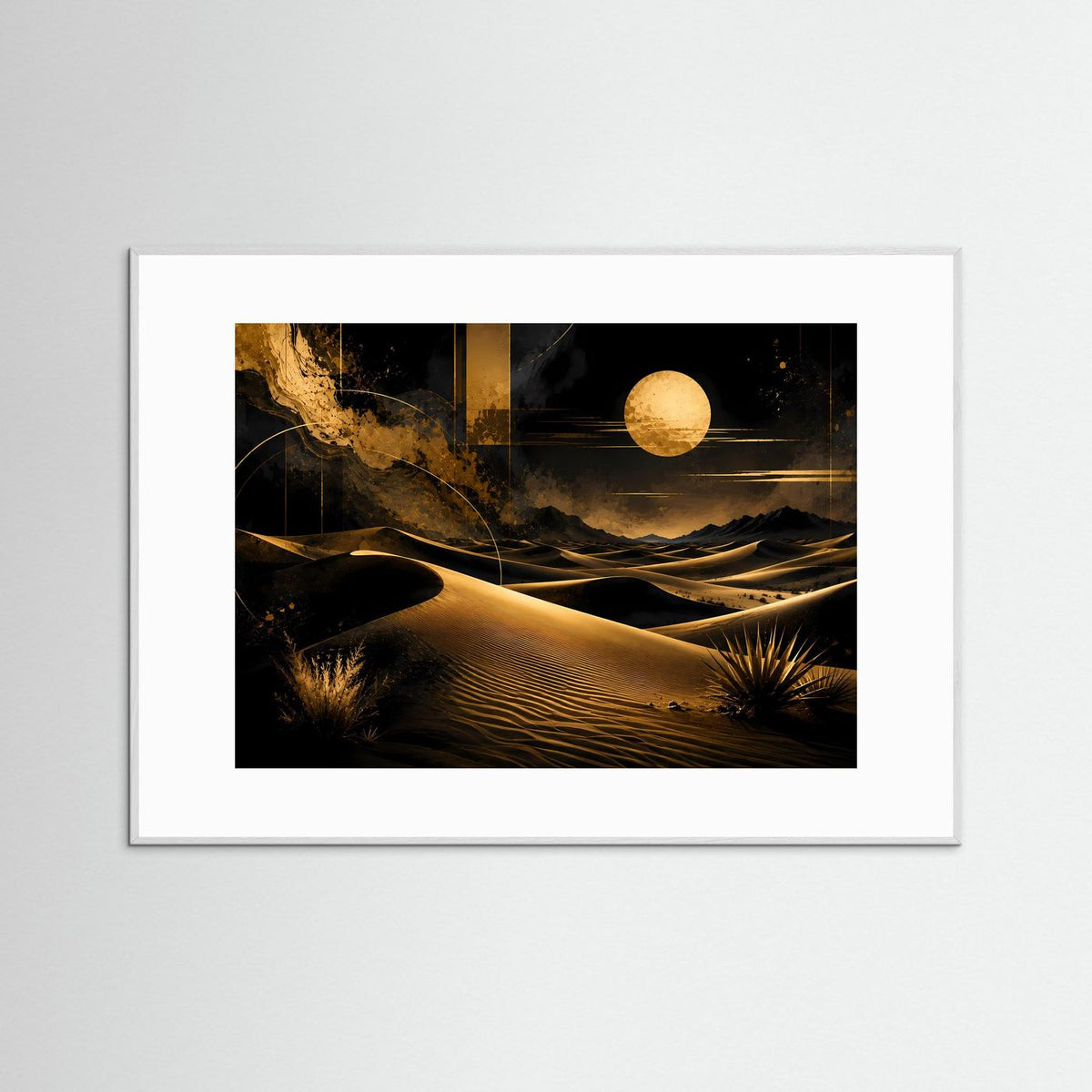 Poster mit abstrakter Wüstenlandschaft: goldener Mond über Dünen, im weißen Rahmen, quer