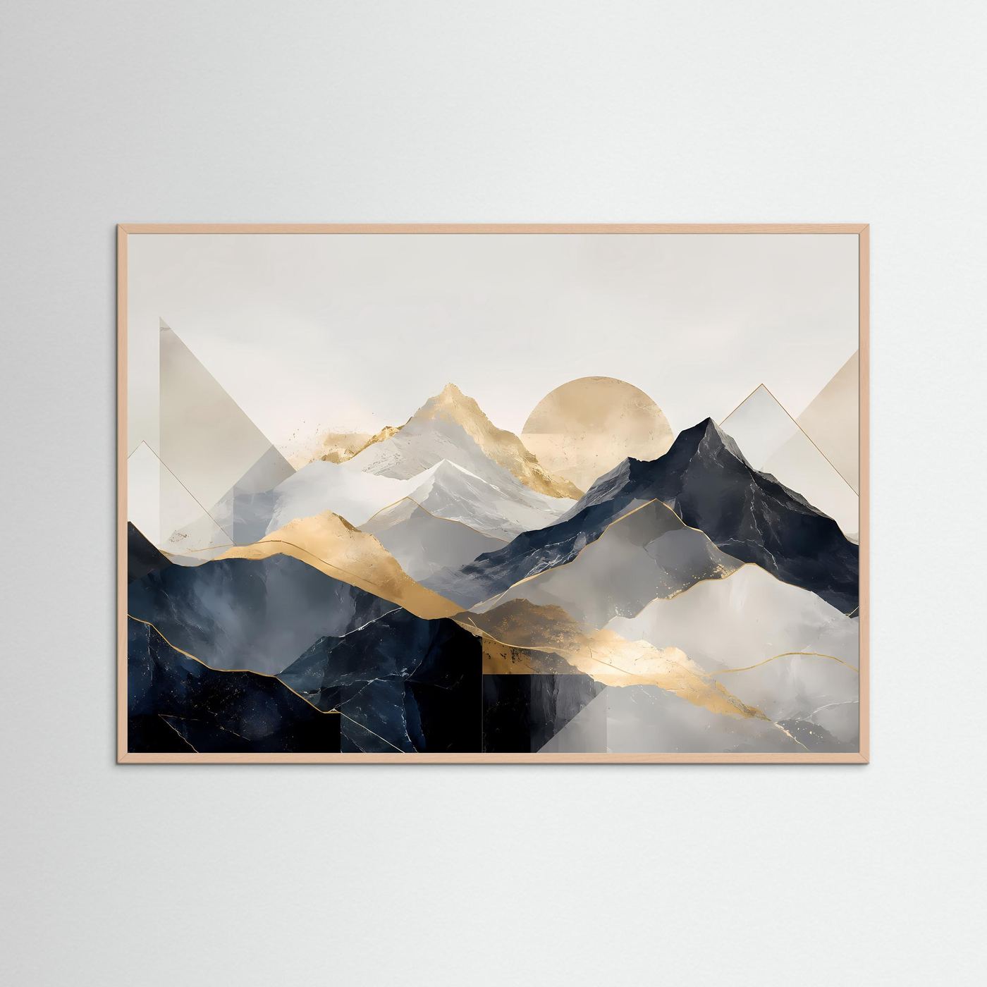 Querformat-Poster mit abstrakten Bergen in Beige und Gold, dunkles Blau, roséfarbener Holzrahmen.
