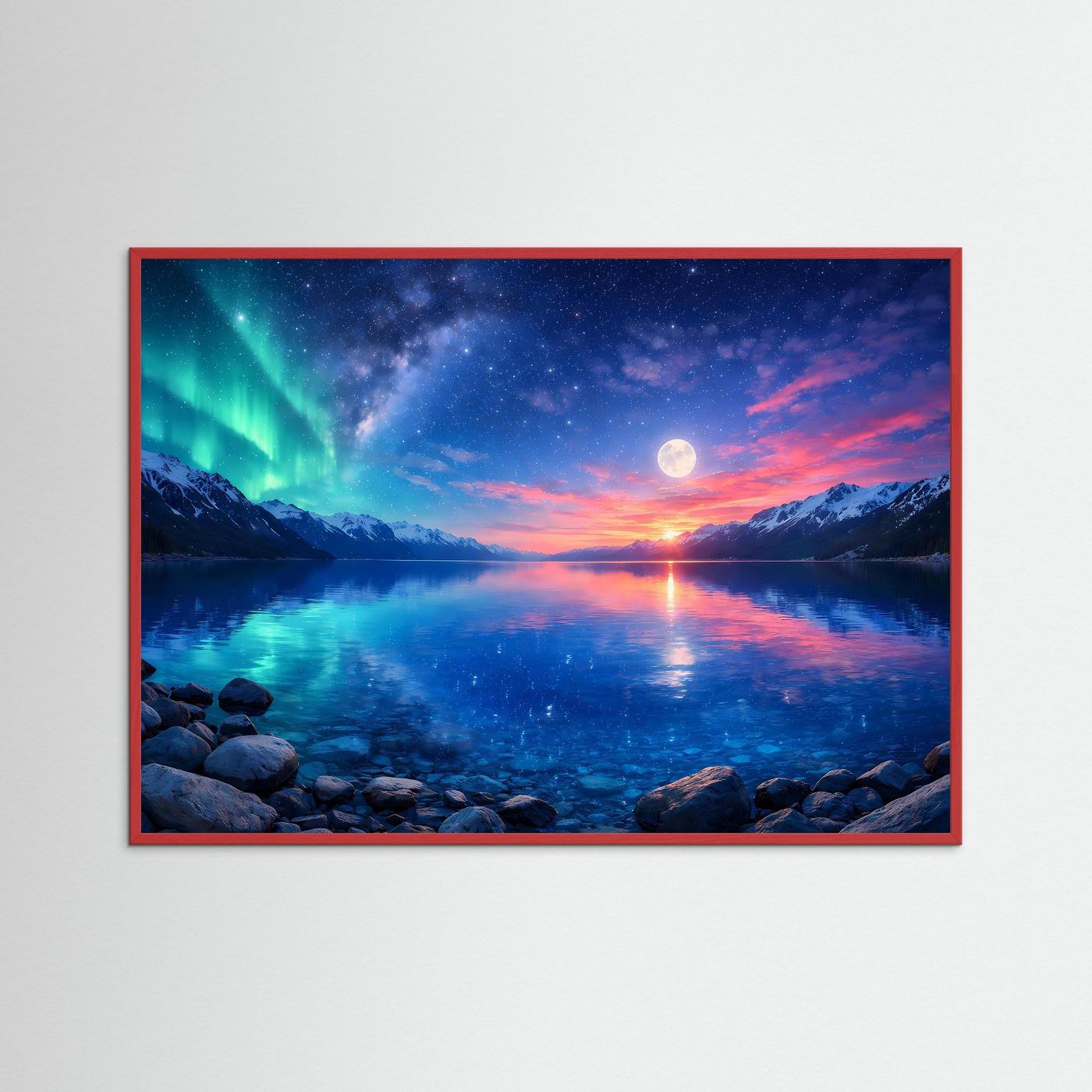 Wandbild mit Polarlicht über Mondsee, Berge und Steinufer, roter Rahmen