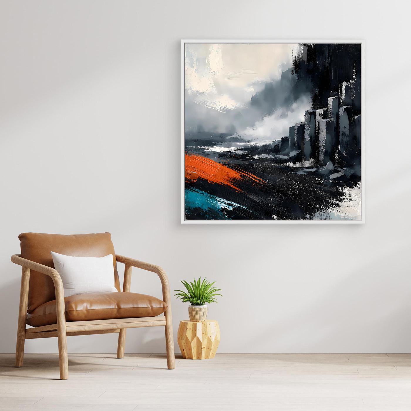 Leinwand Abstraktes Basaltsäulen Gemälde | Modernes Isländisches Vulkan Wandbild Schwarz Orange