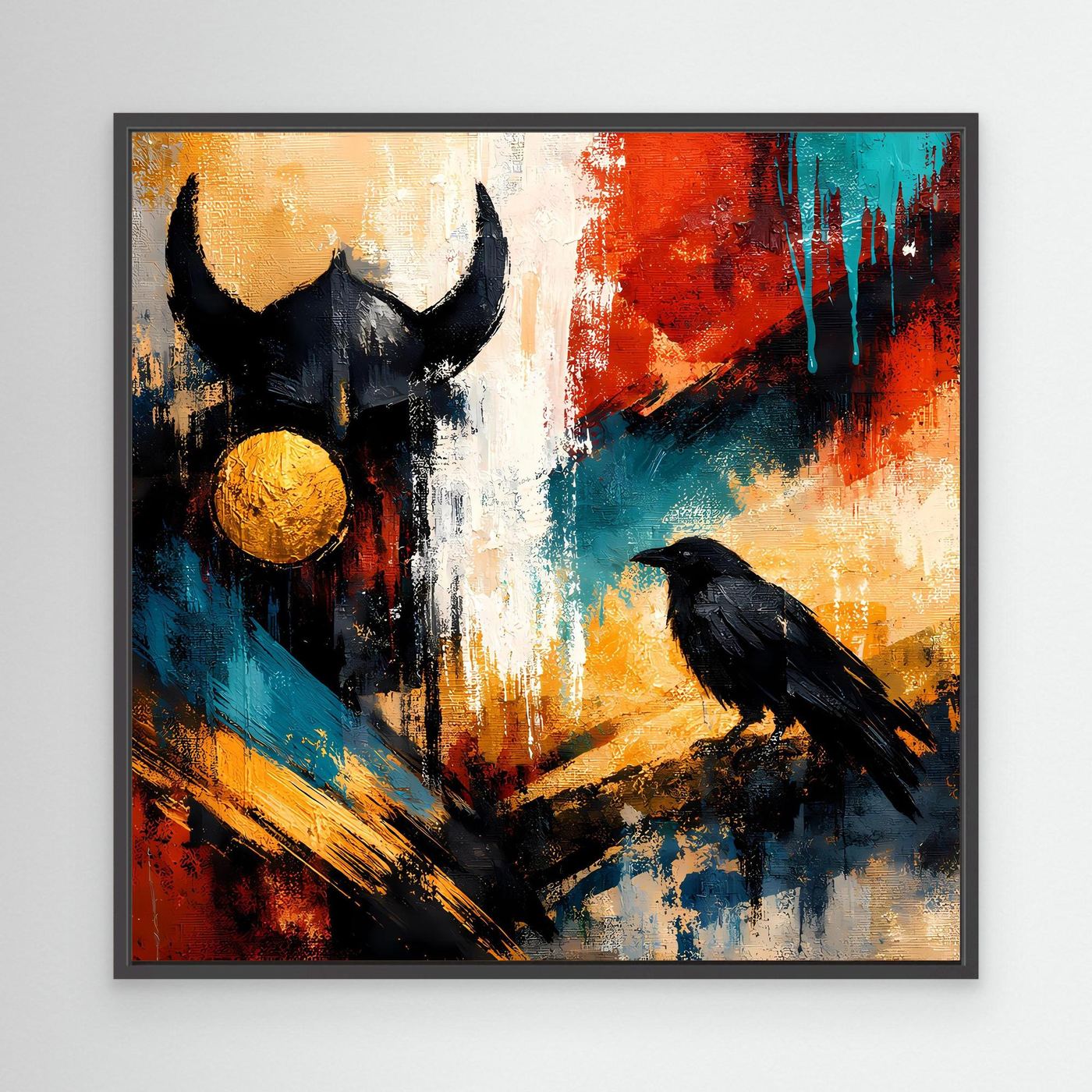 Abstraktes Odin-und-Rabe-Leinwandbild mit schwarzem Rahmen, schwarze Figuren, goldene Kugel, Rot-Blau