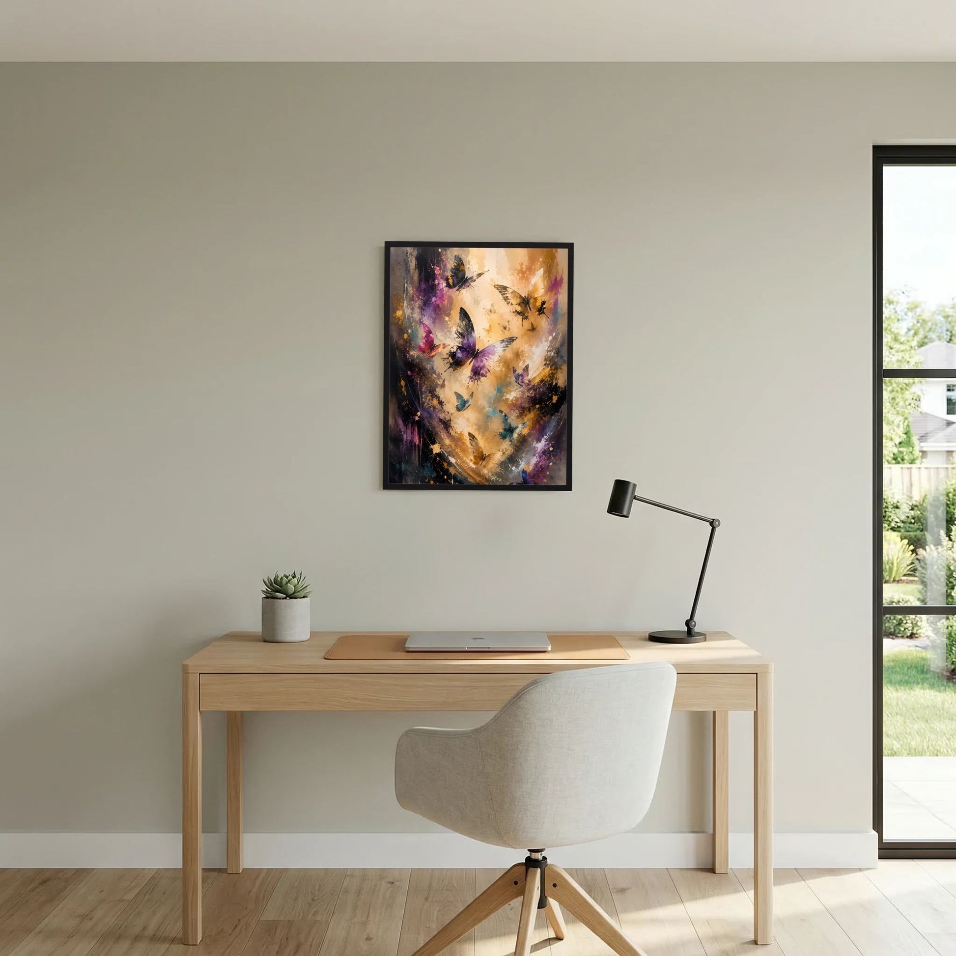Hochformat-Poster mit abstrakten Schmetterlingen in Gold, Violett und Blau, schwarzer Rahmen