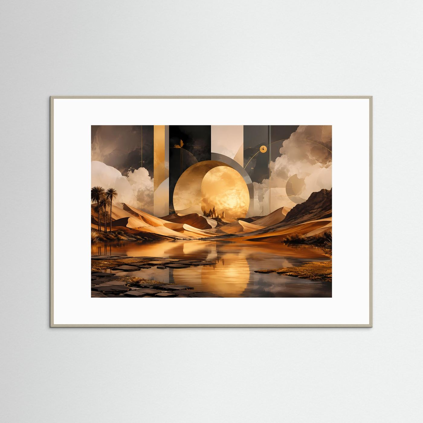 Surreale Wüstenlandschaft in Gold | Oase, Sonne & abstrakte Geometrie