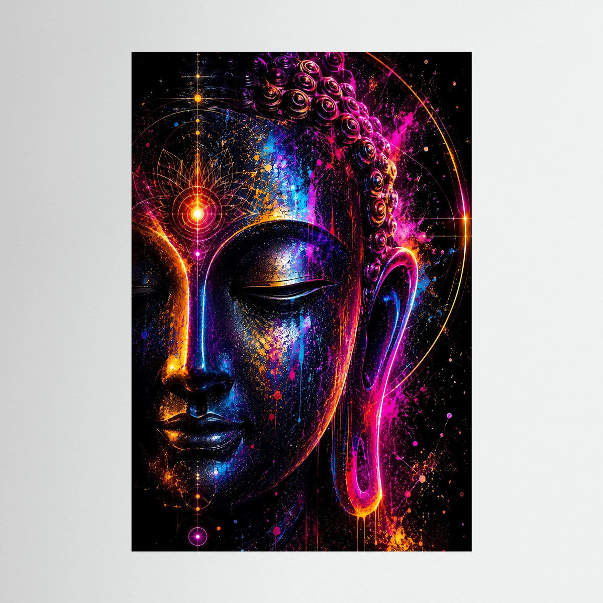 Abstraktes Buddha-Gesicht Neonposter mit leuchtenden Farben, close-up ohne Rahmen sichtbar