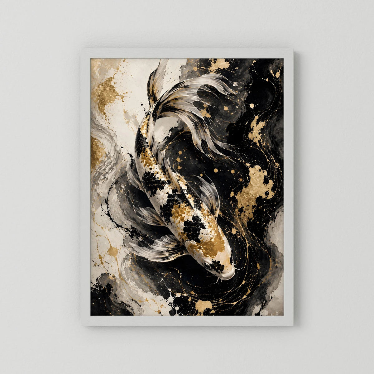 Koi-Wandposter mit hellem Rand und goldenem Schimmer, abstrakter Koi in Schwarz/Weiß