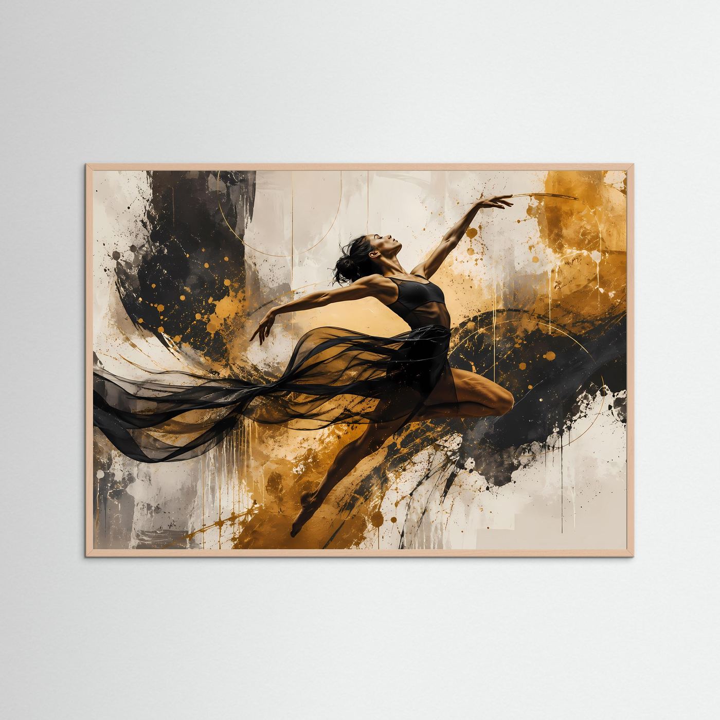 Dynamische Tänzerin in Schwarz, Weiß & Gold | Abstraktes Kunstposter im Querformat | Modernes Wandbild