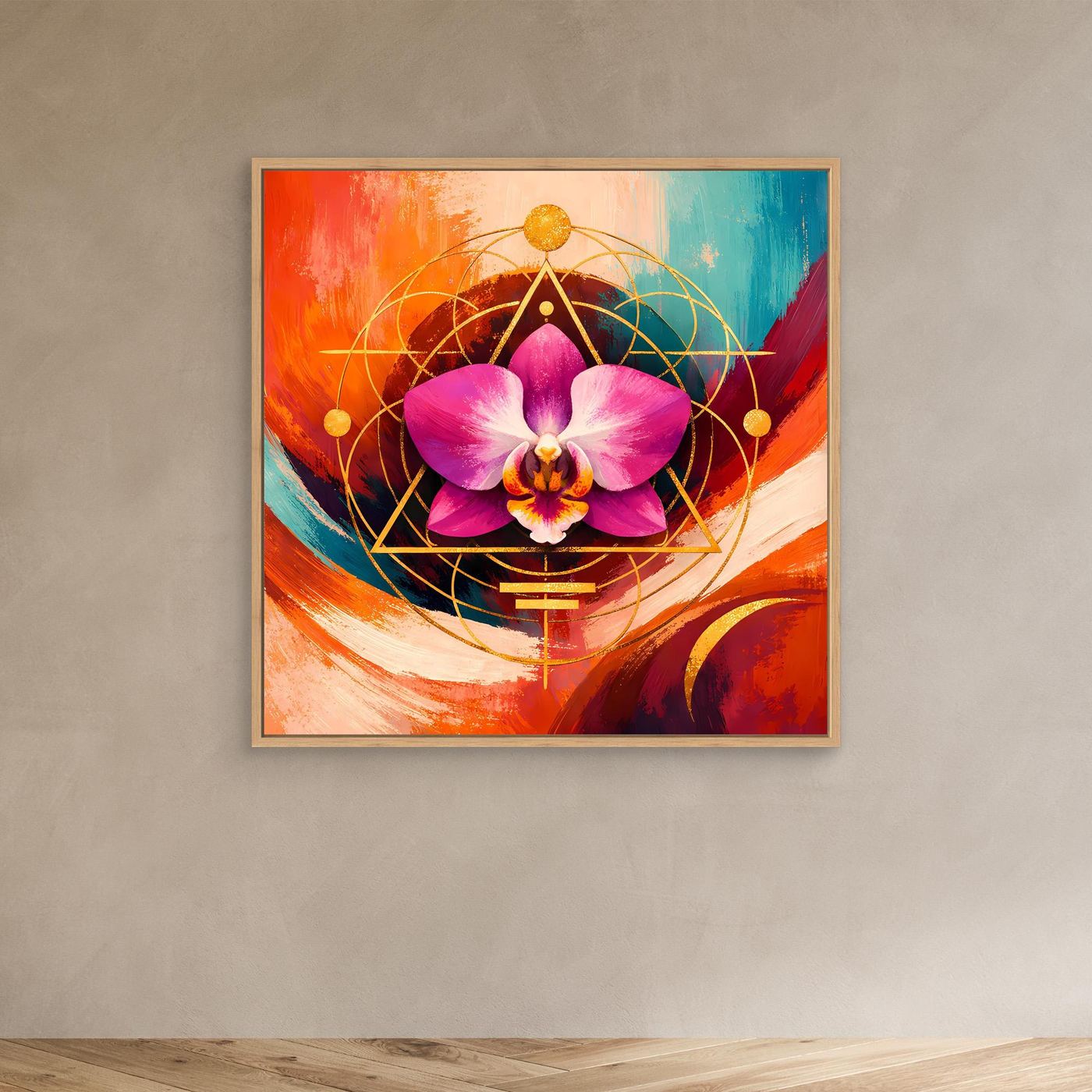 Quadratisches Leinwandbild mit pinker Orchidee und goldener Geometrie, mit hellem Rahmen