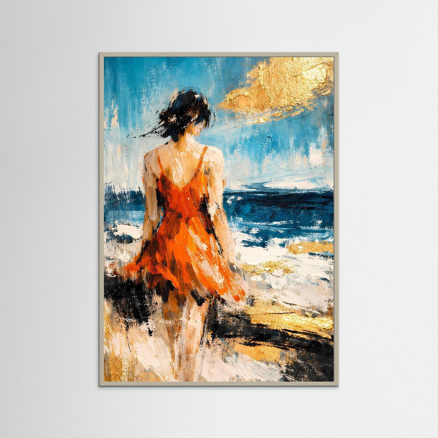 Hochformatiges Kunstposter im Holzrahmen: abstrakte Strandszene mit Frau im orangefarbenen Kleid, Blau.