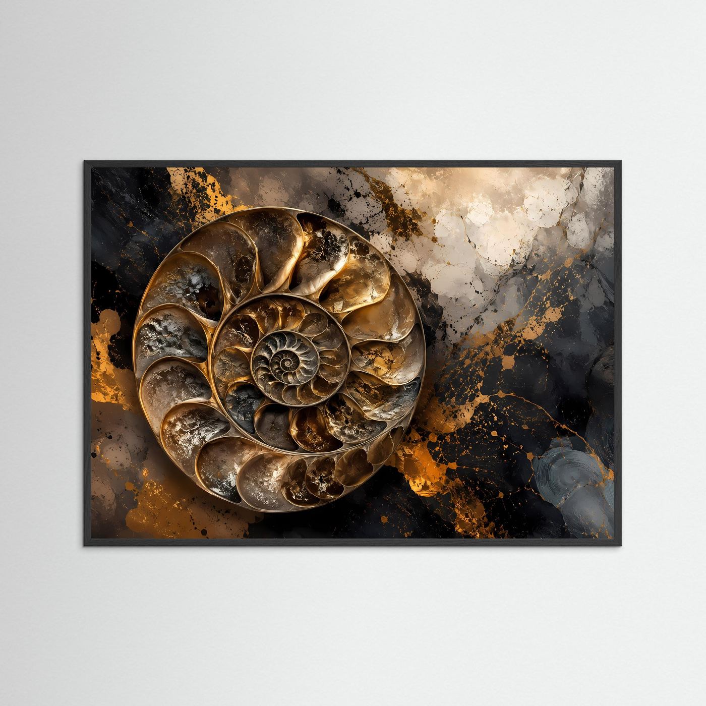 Elegante Ammonit Spirale in Gold & Schwarz | Moderne abstrakte Kunst Poster
