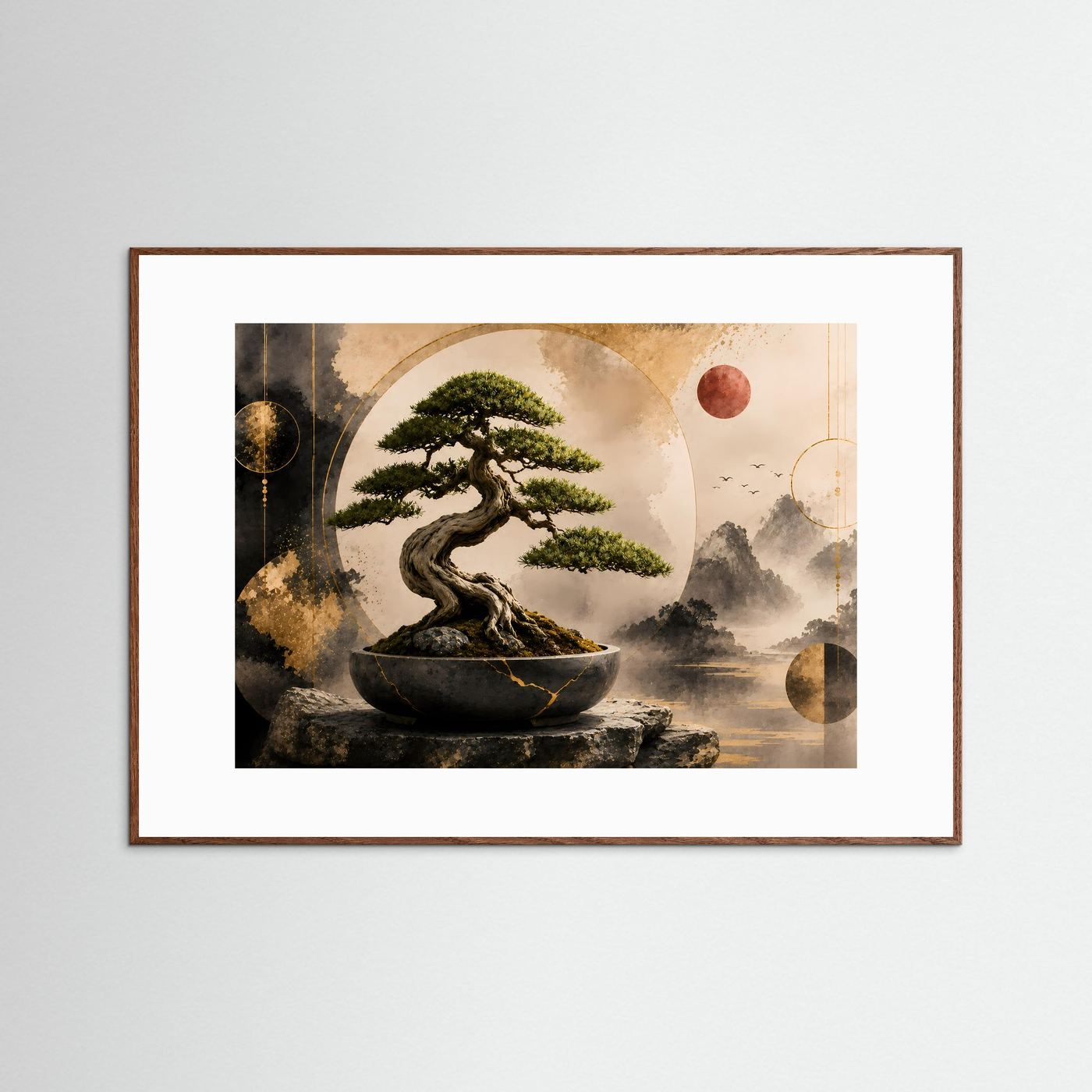 Gerahmtes Poster mit Bonsai-Baum in Schwarz und Gold, rundes Motiv und Steinbasis, brauner Rahmen.