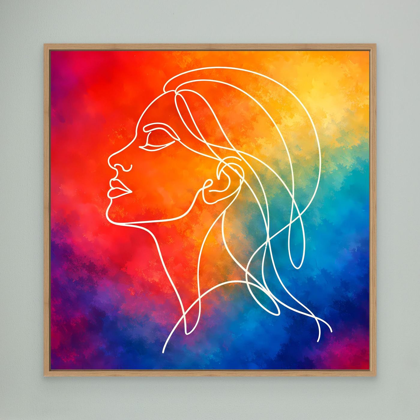 Leinwandbild Frauen-Silhouette in Line Art, buntes Aquarell, Holzrahmen Eiche