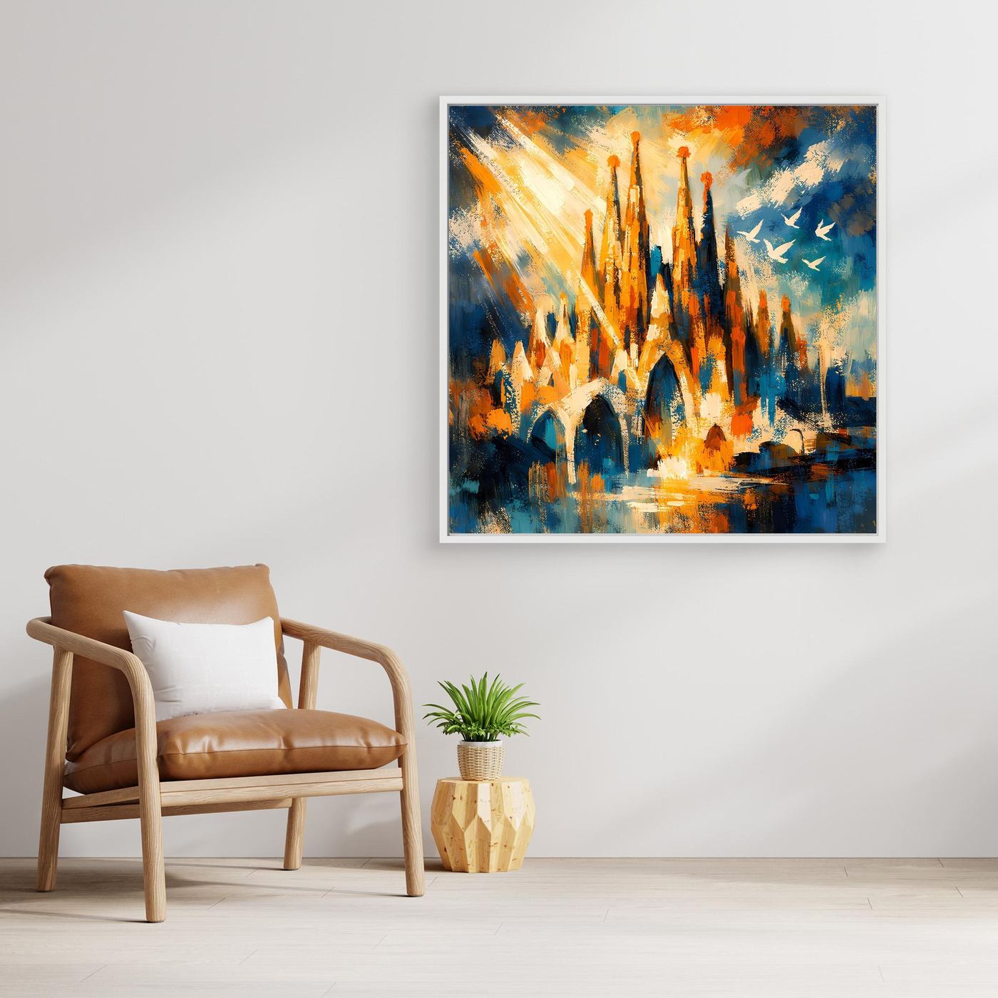Abstraktes Leinwandbild mit silberfarbenem Rahmen, Architekturmotiv mit Türmen in Blau und Orange.