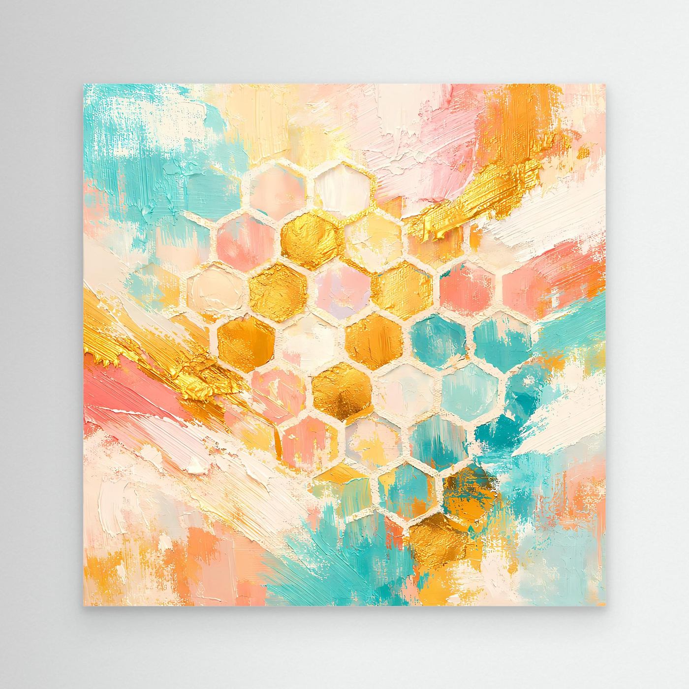 Leinwandbild mit Bienenwaben-Muster in Pastellfarben und goldenen Akzenten
