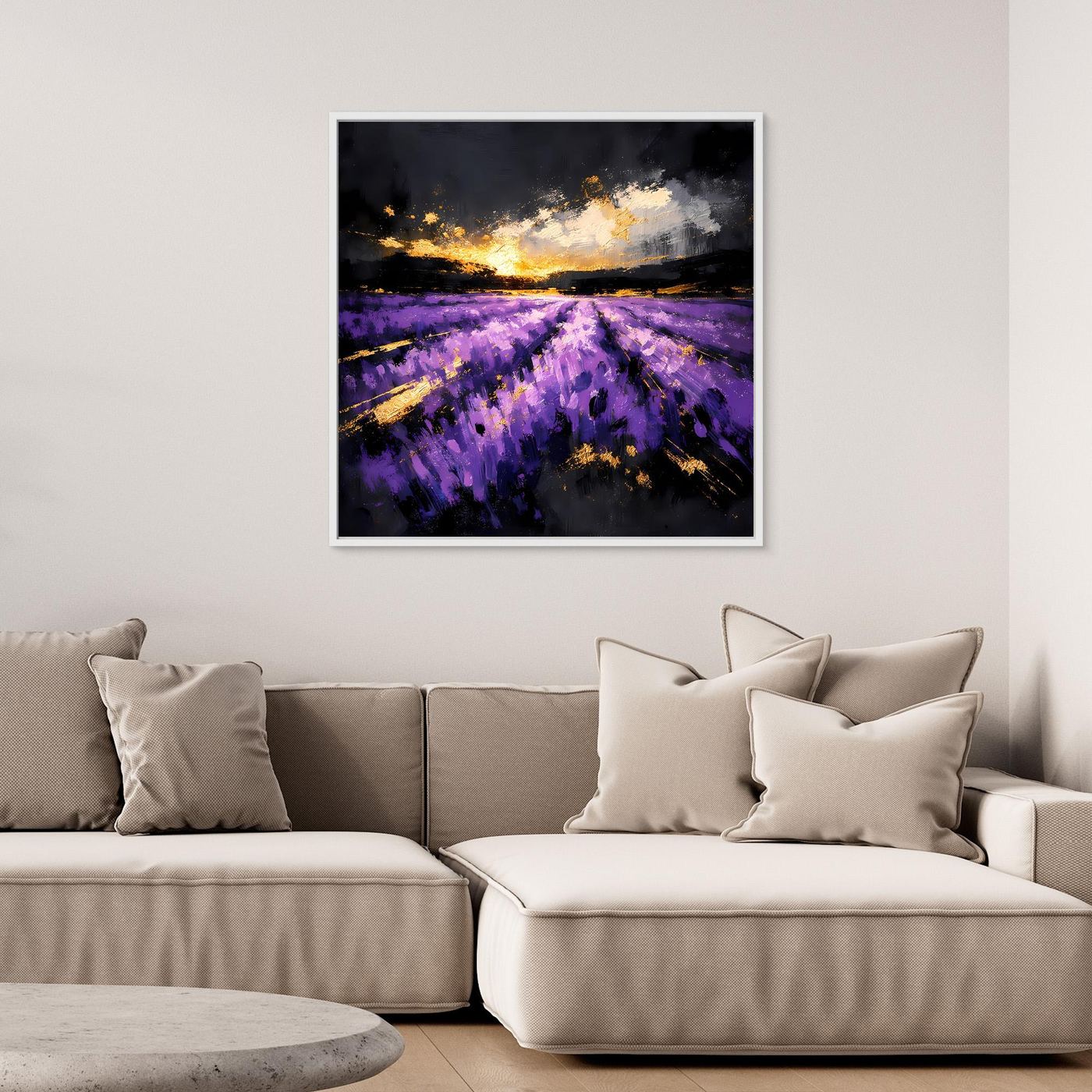 Leinwand Magisches Lavendelfeld bei Sonnenuntergang | Abstraktes Natur Wandbild