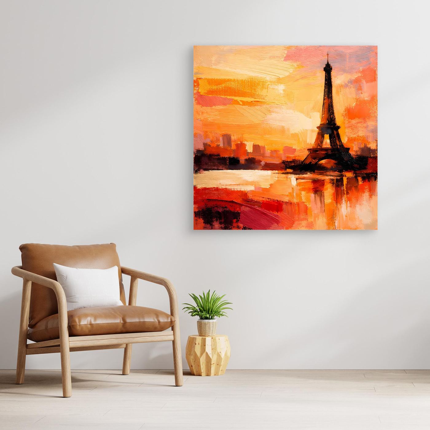 Leinwand Abstraktes Eiffelturm Paris Gemälde | Modernes Romantisches Wandbild Sonnenuntergang