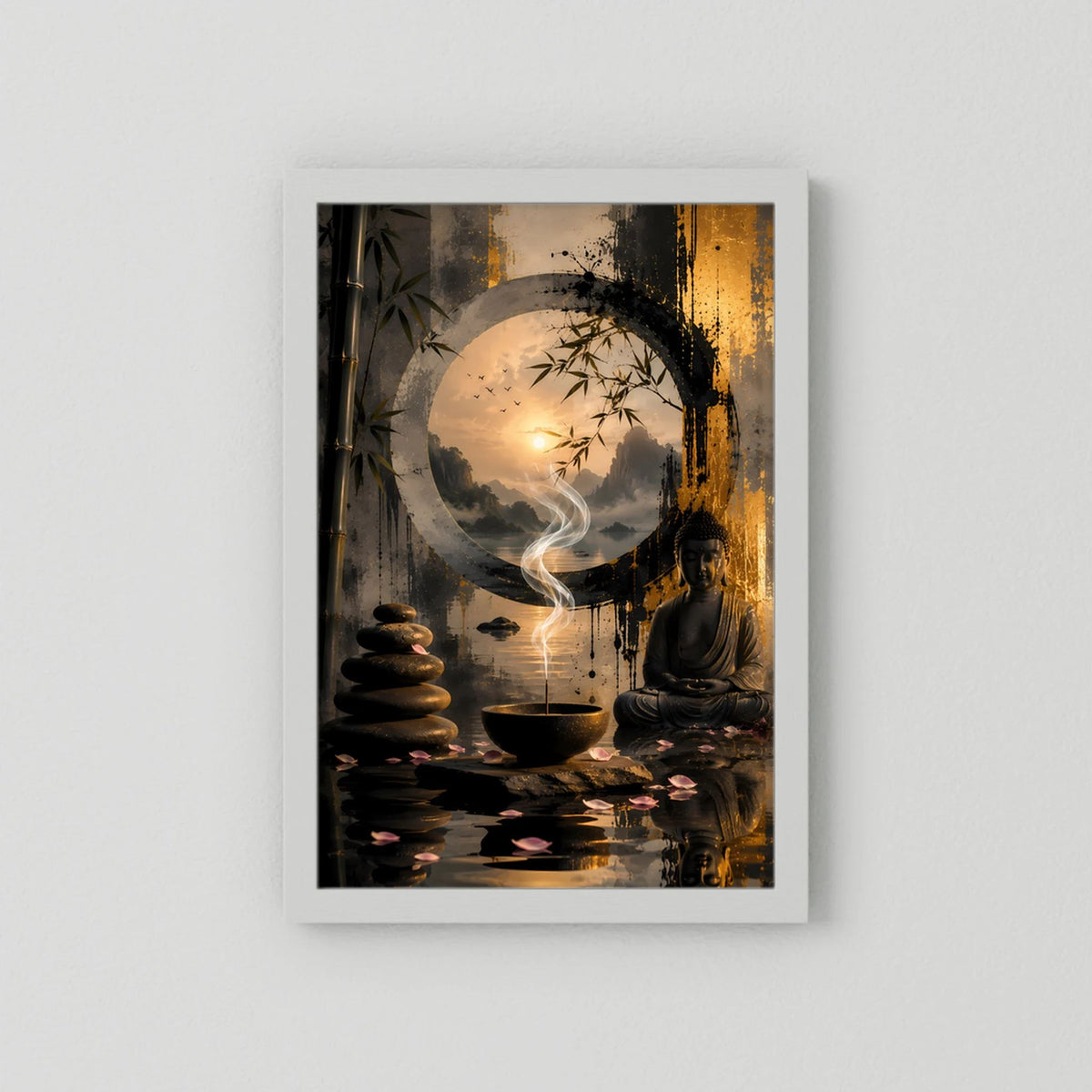 Poster im Hochformat: Buddha-Zenmotiv mit Teetasse und Rauch, hell hinterlegt