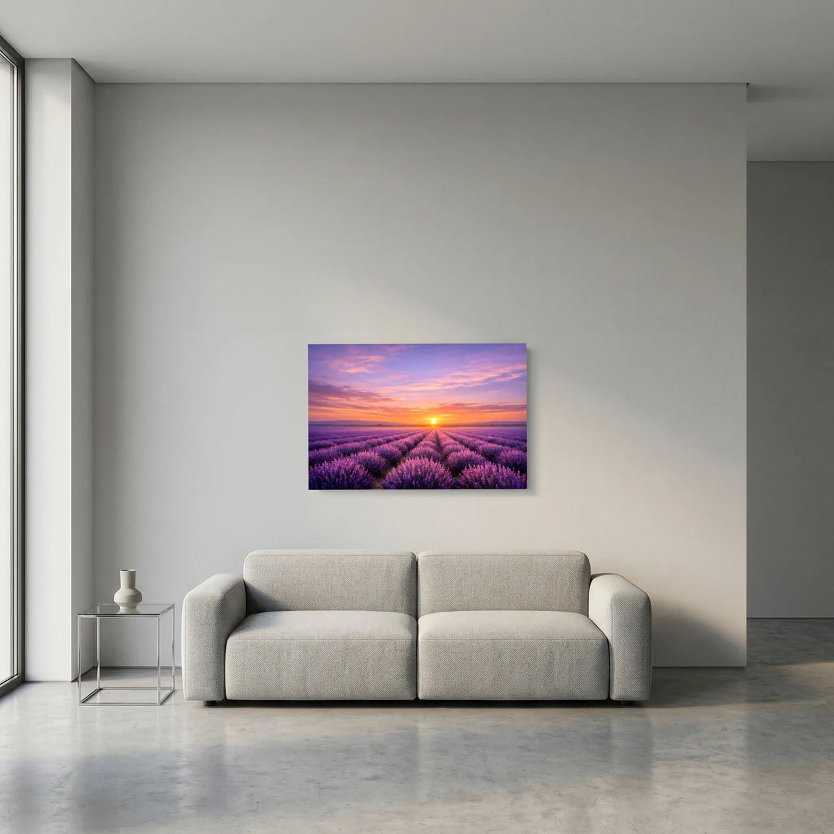 Wandbild im Querformat: Lavendelfeld bei Sonnenuntergang, violette Blüten in Reihen