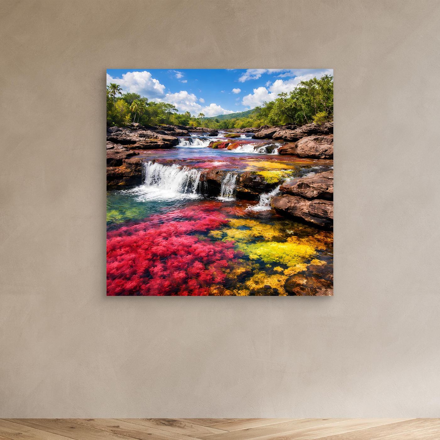 Leinwandbild mit Wasserfall und Regenbogenfarben im Bach zwischen Felsen und Grün