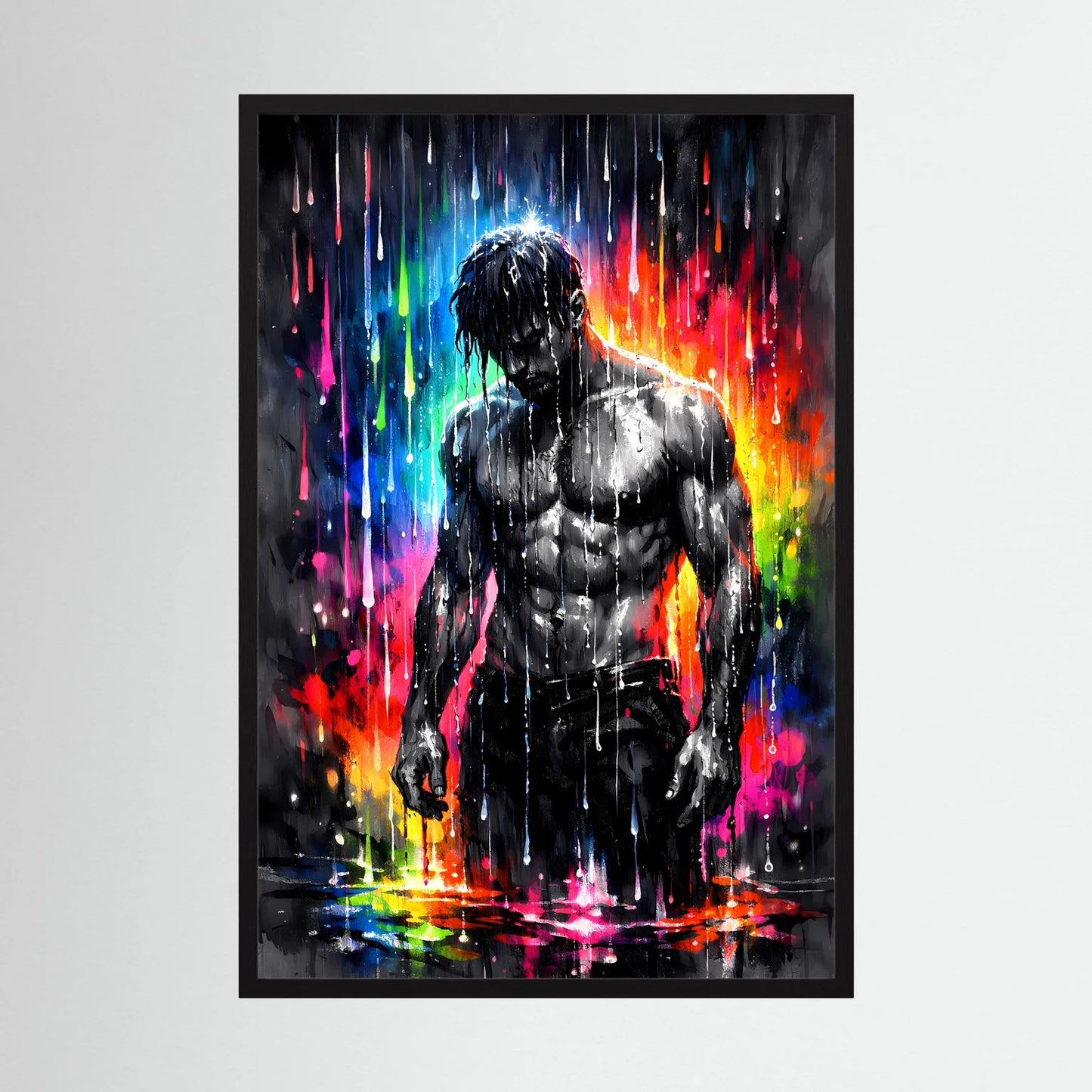 Wandbild im Hochformat mit muskulösem Mann in Schwarz, Neon-Farbspritzern, schwarzem Rahmen