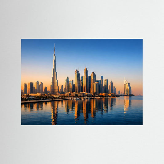 Panorama-Poster mit Dubai Skyline im Sonnenuntergang, blaue Einfassung am Bildrand