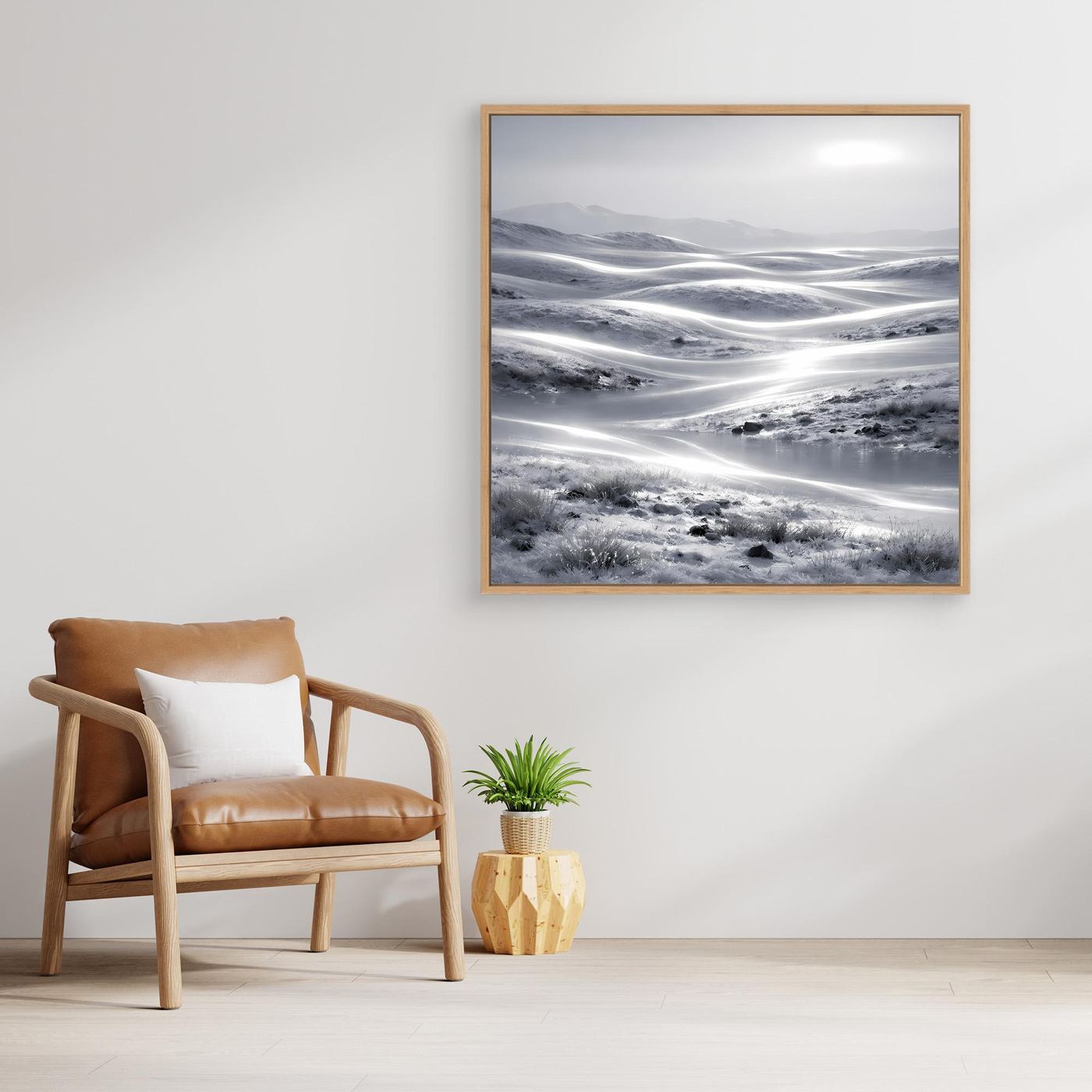 Leinwandbild im Eichenrahmen ohne Rahmenoptik: abstrakte Winterlandschaft mit Schneebergen