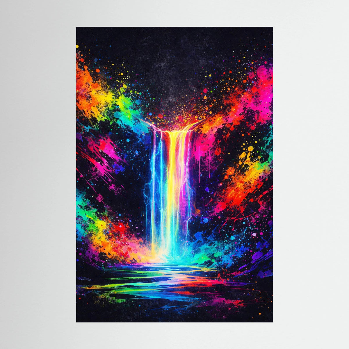 Hochformatiges Wandbild mit schwarzem Rand und Neon-Wasserfall-Abstrakt in Blau, Pink, Gelb und Grün