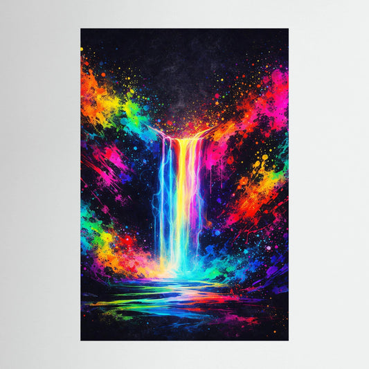 Hochformatiges Wandbild mit schwarzem Rand und Neon-Wasserfall-Abstrakt in Blau, Pink, Gelb und Grün