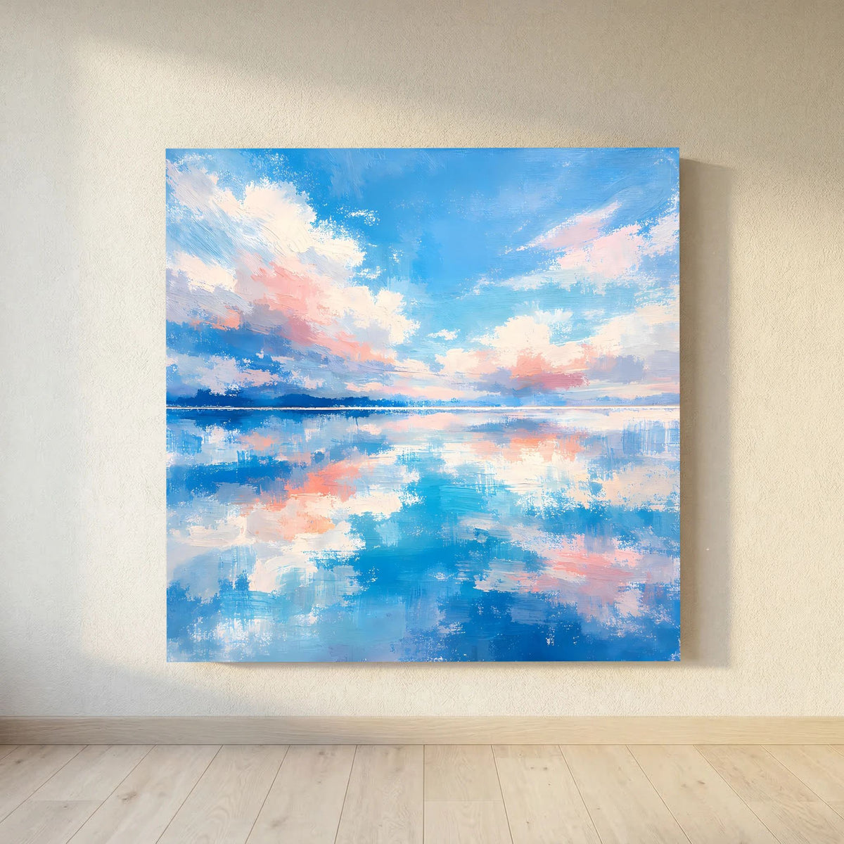 Quadratisches Leinwand-Wandbild mit Himmel, Wolken und spiegelndem Wasser in Blau und Rosa