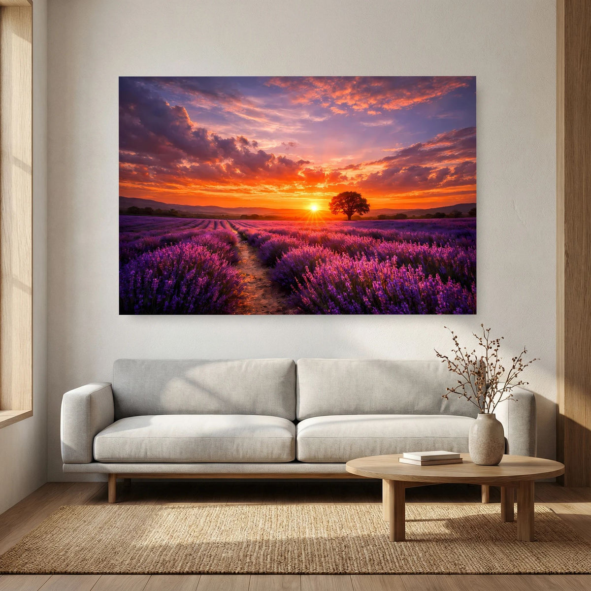Horizontales Wandbild mit Lavendelfeld und orangefarbenem Sonnenuntergang über Sitzbank.