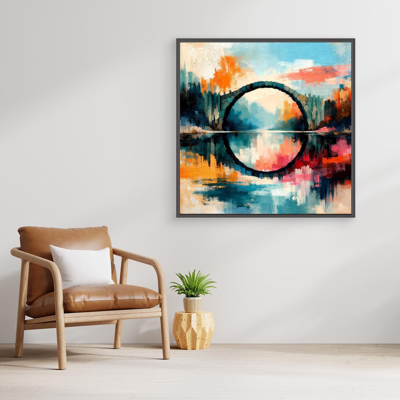 Premium Leinwand Mystische Kreisbrücke im Wasser | Abstraktes Natur Wandbild farbenfroh