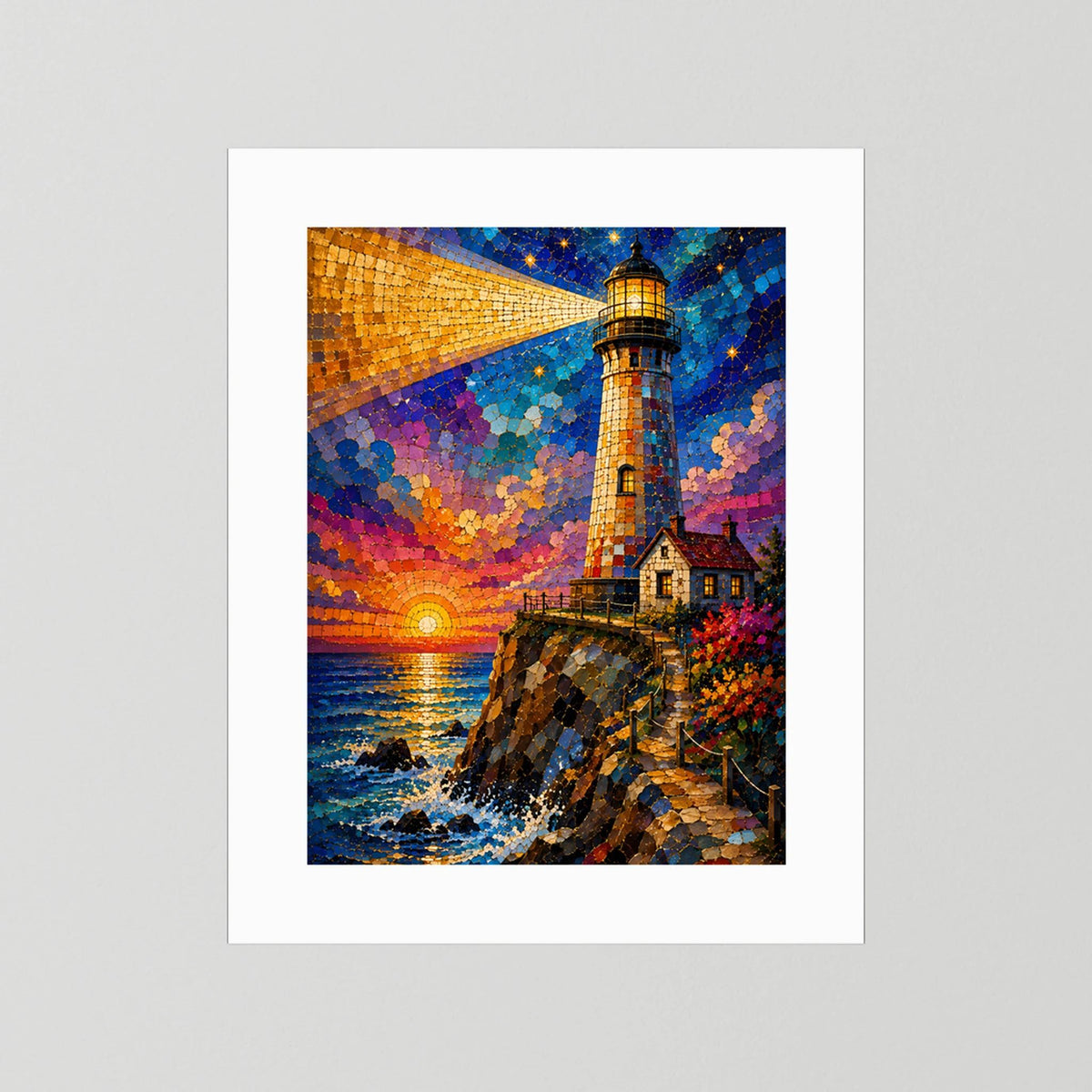 Leuchtturm im Sonnenuntergang | Farbenfrohe Mosaik Küstenkunst | Poster Hochformat
