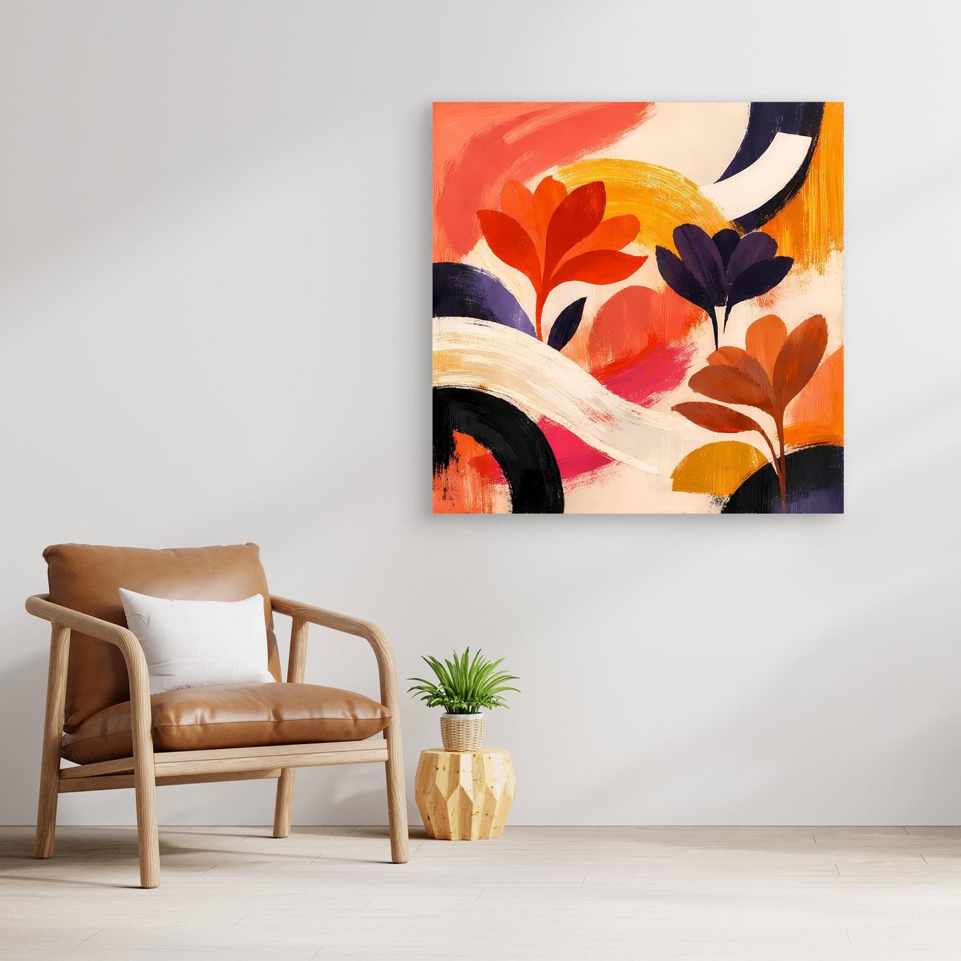 Quadratisches Leinwandbild mit abstrakten Blumen: orange, rot, gelb und dunkelblau.
