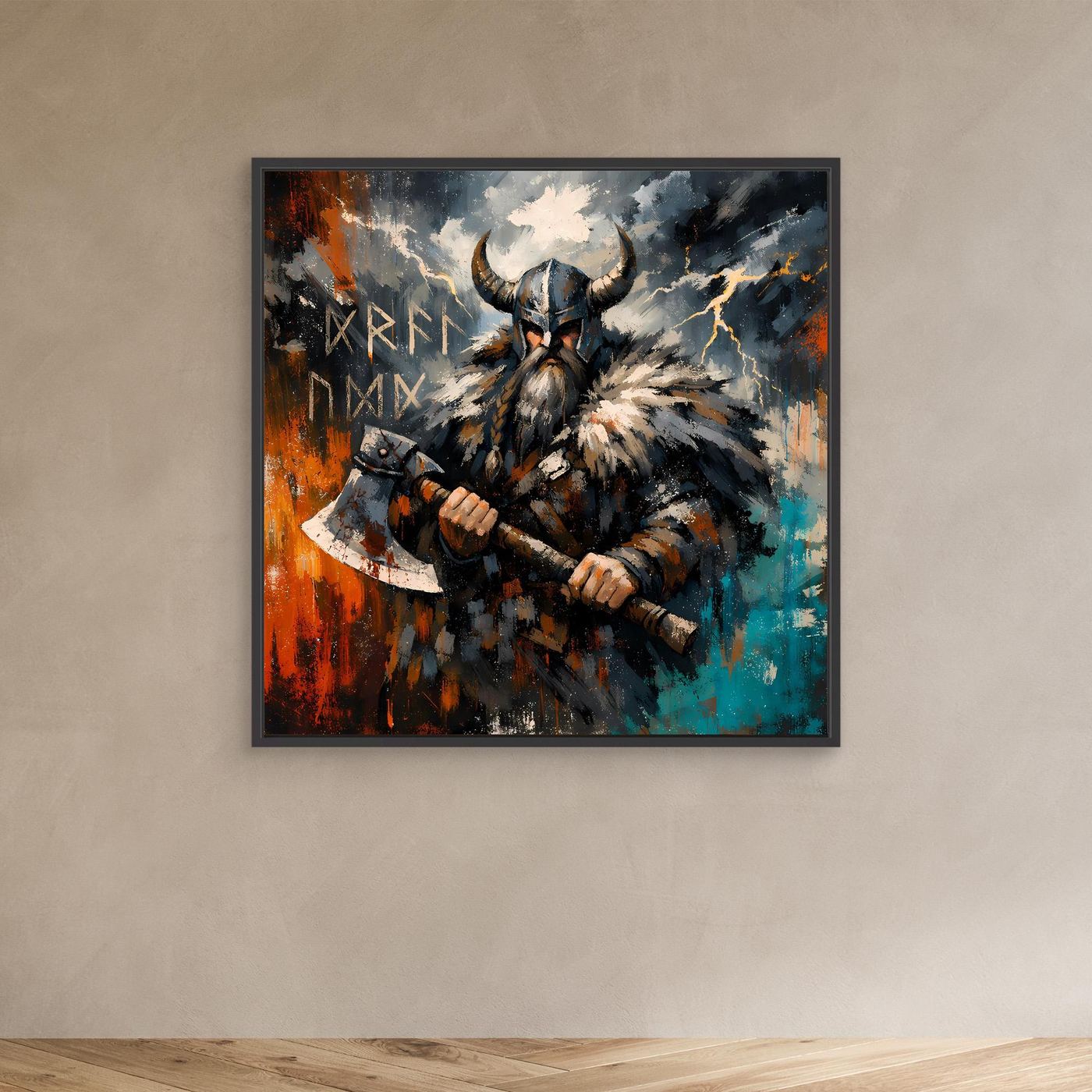 Leinwand-Wandbild: Wikingerkrieger mit Streitaxt im abstrakten Stil, mit schwarzem Rahmen