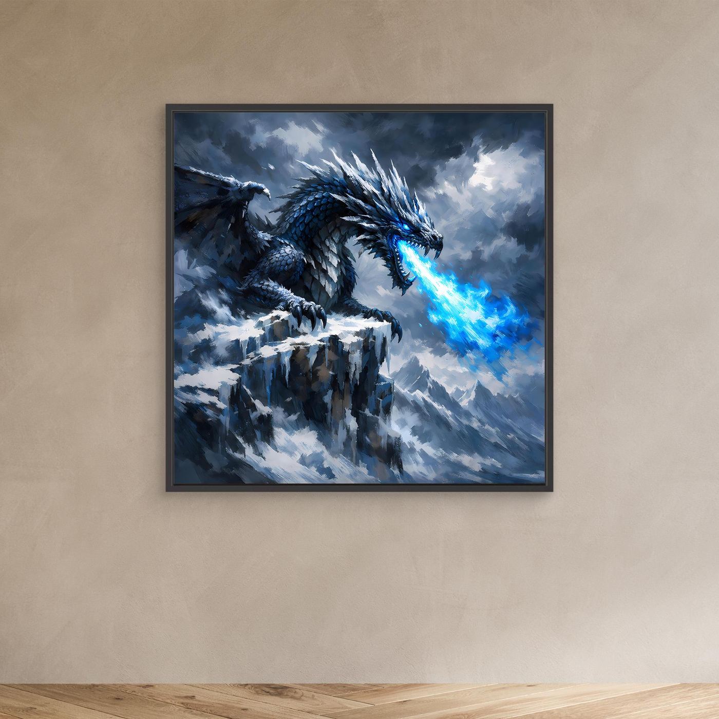 Leinwand Eisdrache auf stürmischem Berggipfel | Episches Fantasy-Wandbild auf echter Leinwand