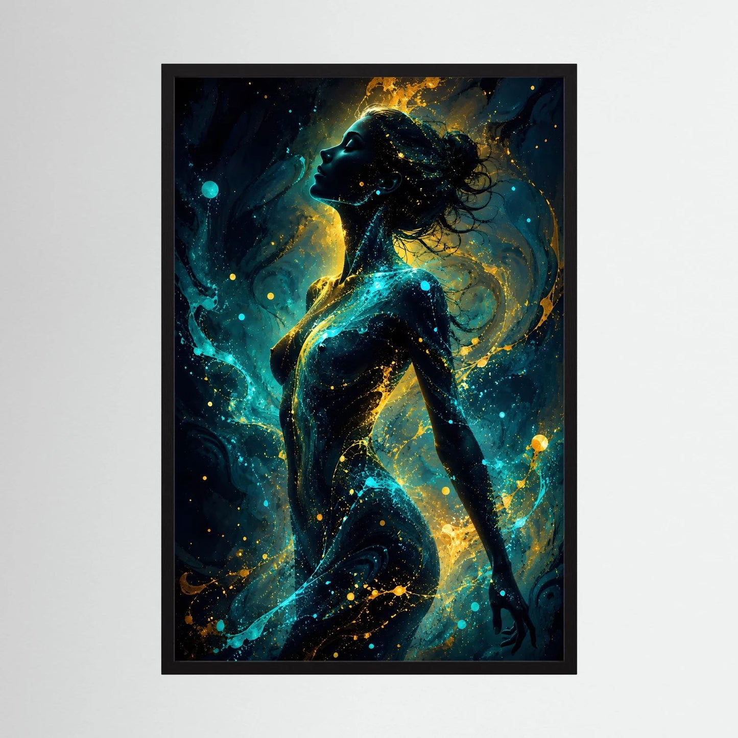Wandbild mit schwarzem Rahmen, abstrakte Frauensilhouette in Türkis und Gold
