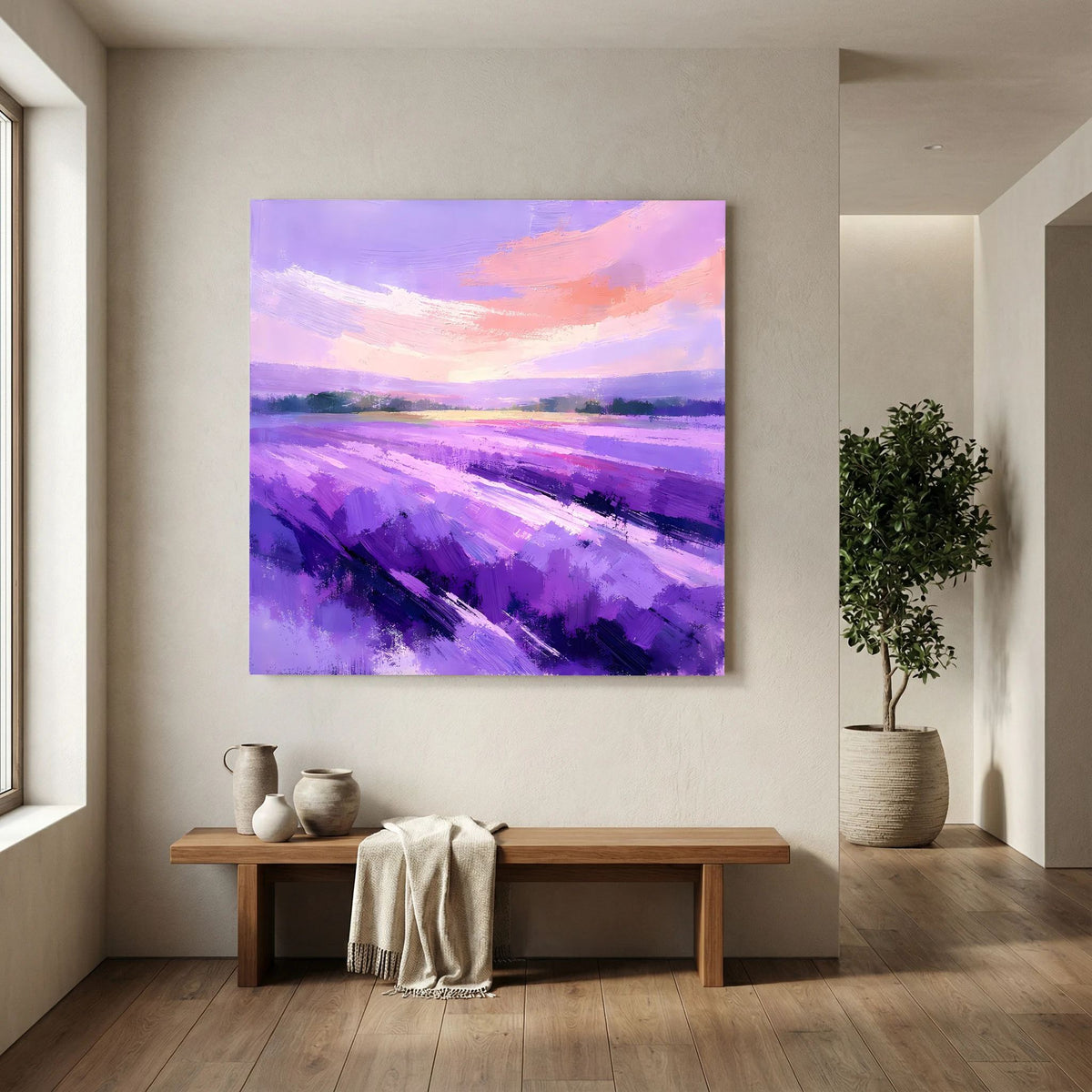 Leinwand-Wandbild mit violetten Lavendelschleifen und pastellfarbenem Wolkenhimmel