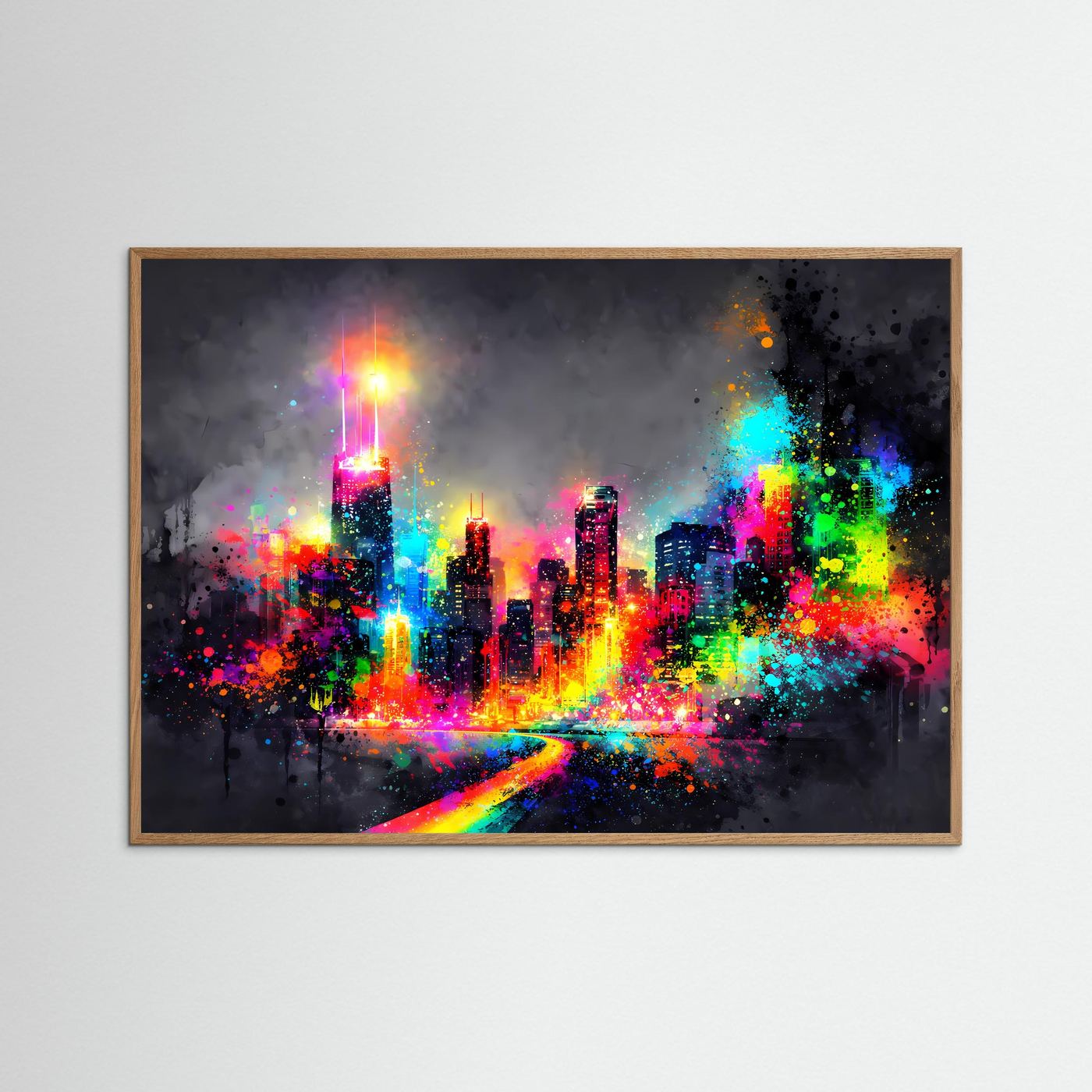 Abstrakte Chicago Skyline bei Nacht | Neon Pop Art & Bunte Wanddeko Querformat