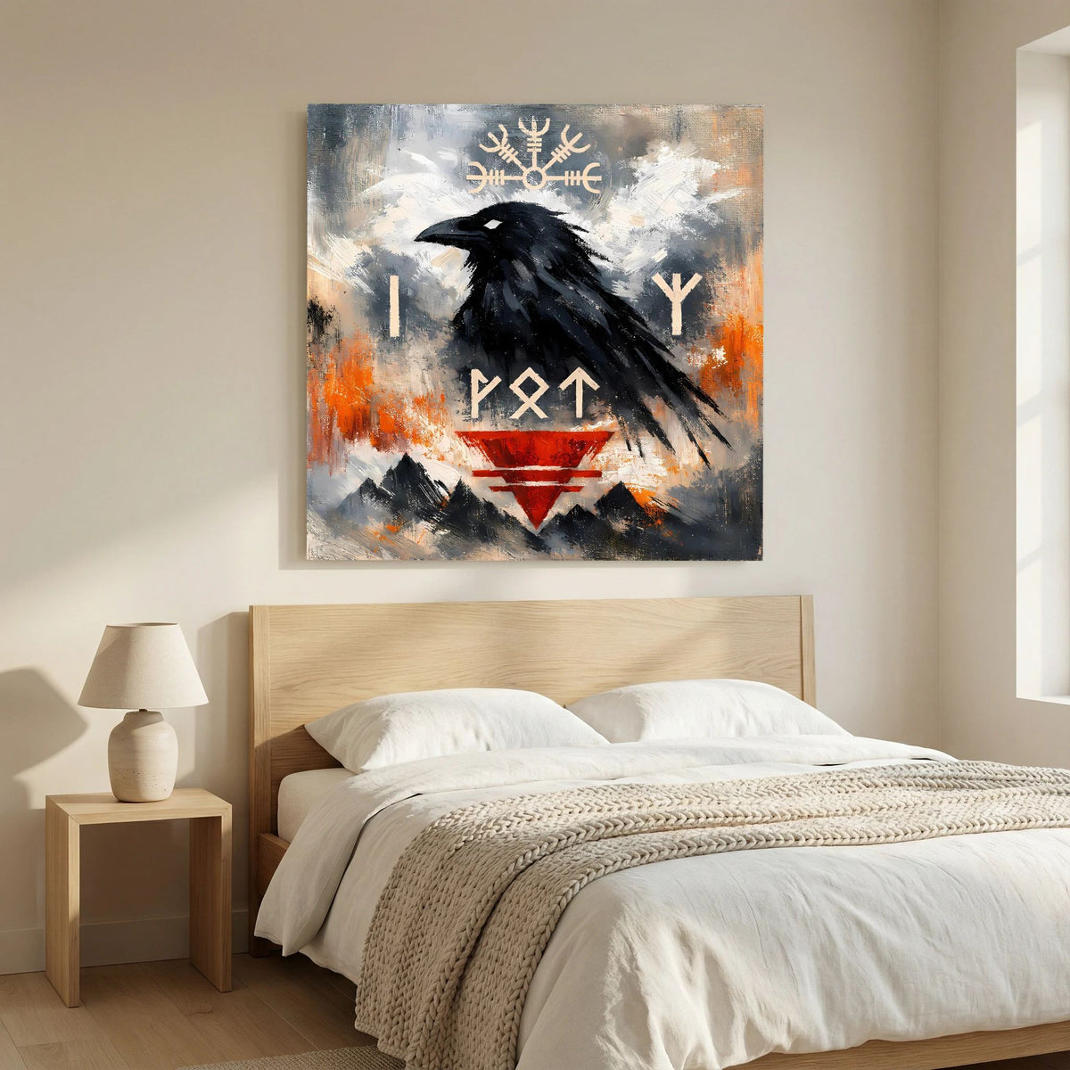 Wandbild mit schwarzem Rabenmotiv, Runen und rotem Dreieck auf hell-beiger Leinwand