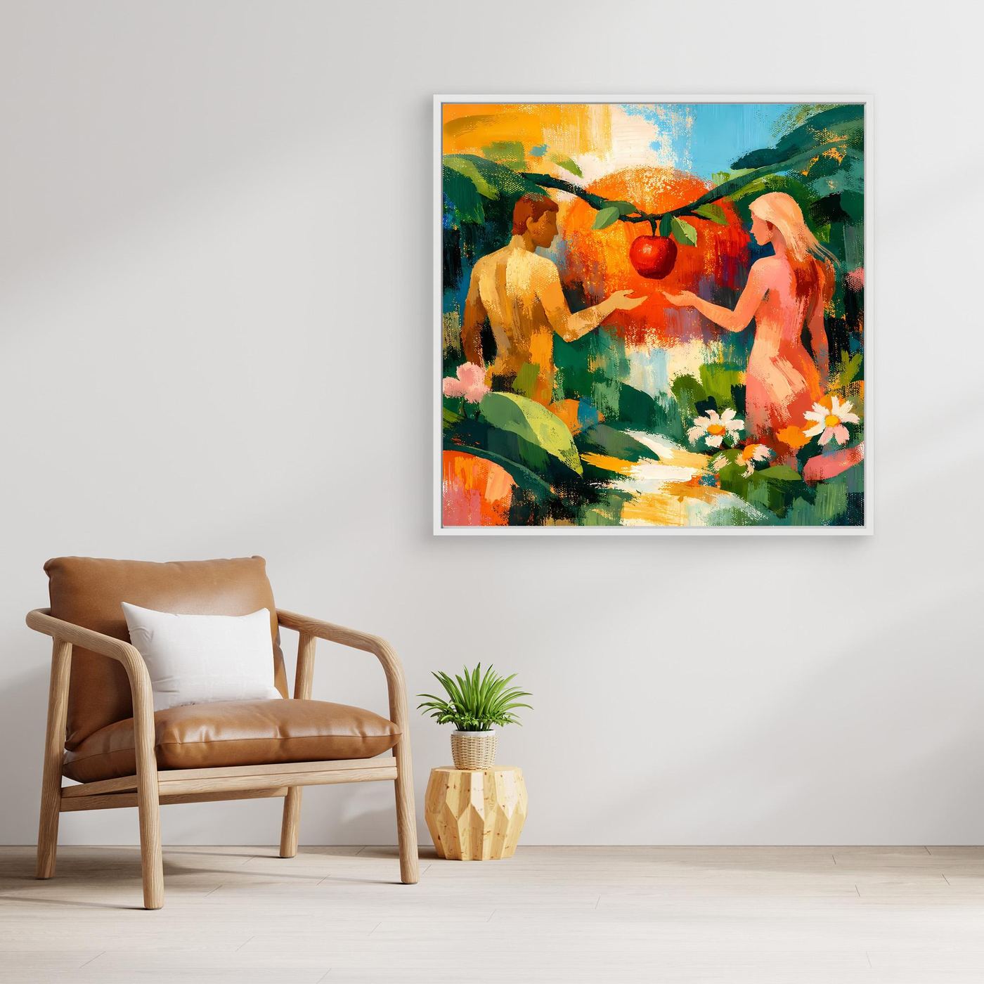 Square framed canvas wall art with two nude figures holding hands amid daisies and leafy shapes