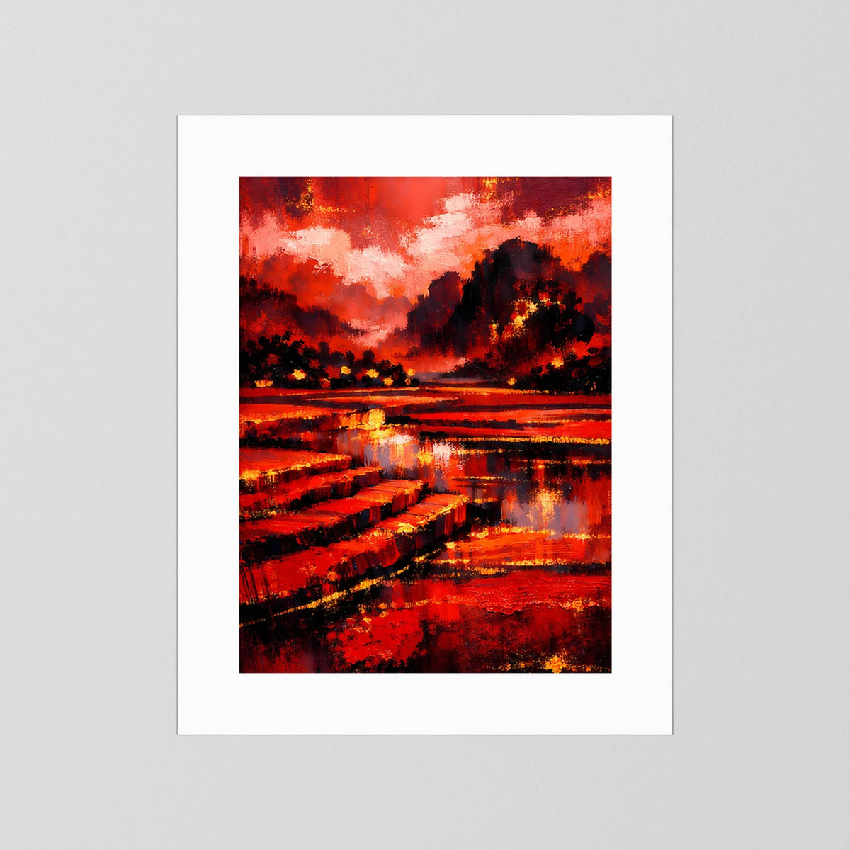 Kunstposter Hochformat mit weißem Passepartout, abstrakte Rot-Schwarz-Landschaft