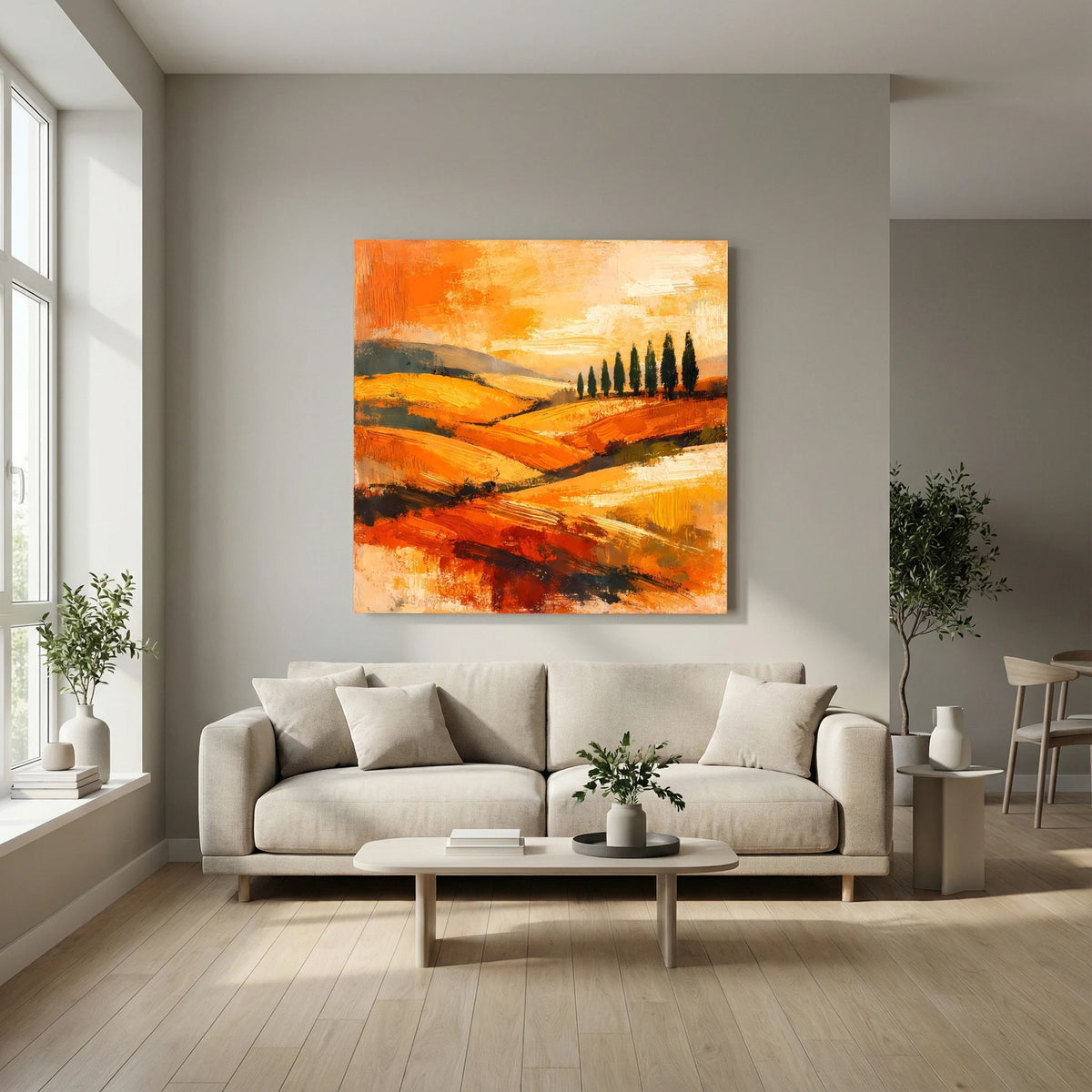 Abstraktes Leinwand-Wandbild mit Zypressen-Silhouetten in orangefarbener Hügellandschaft