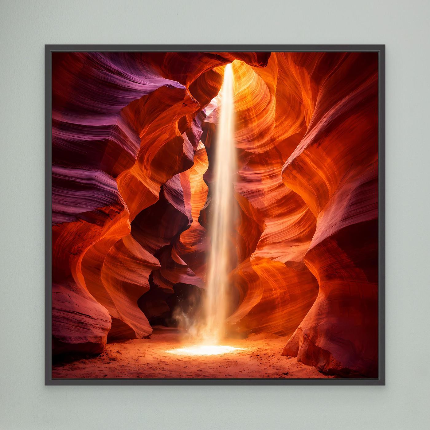 Leinwandbild Schlucht mit Lichtstrahl, orange-rote Felswände, schwarzer Rahmen